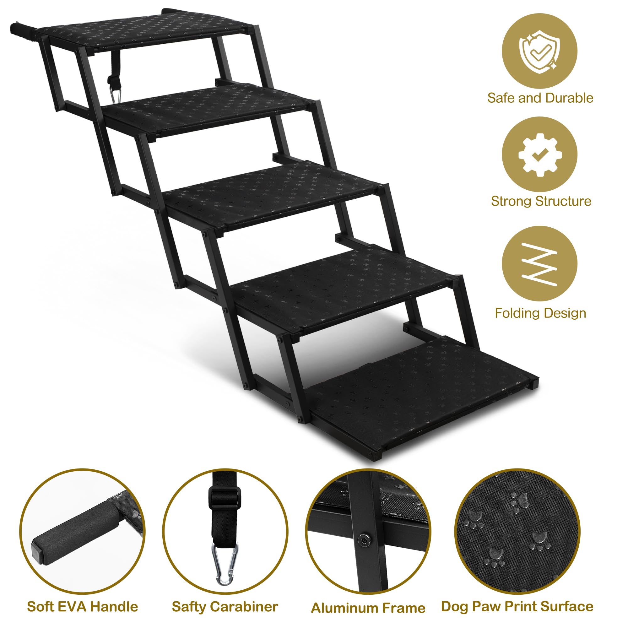 Dog Stairs for Car - Foldable Dog Ramps for Large Dogs with Non Slip Surface, Portable Dog Steps for Cars and SUV, Truck, Support Up to 200 Lbs