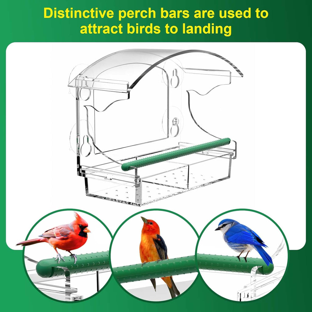 Clear Acrylic Window Bird Feeder for Outside with 4 Strong Suction Cups and Detachable Seed Tray, Highly Transparent Outdoor Viewing Birdfeeder, Wild Bird House Box