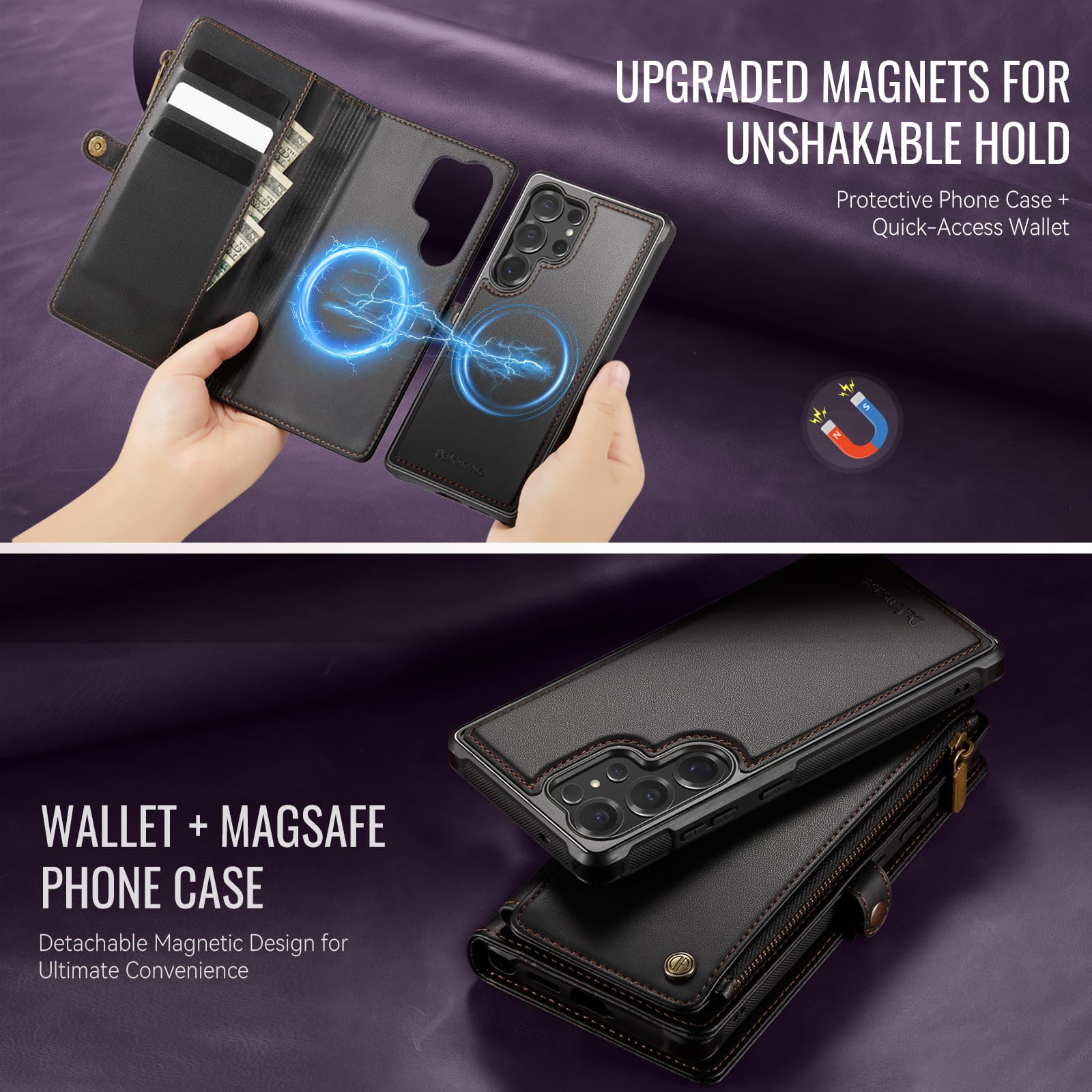 Defencase for Samsung Galaxy S25 Ultra Magnetic Wallet Case Compatible with Magsafe with RFID Blocking Zipper & Card Holder Women, PU Leather Detachable Phone Case for Galaxy S25 Ultra 6.9", Black