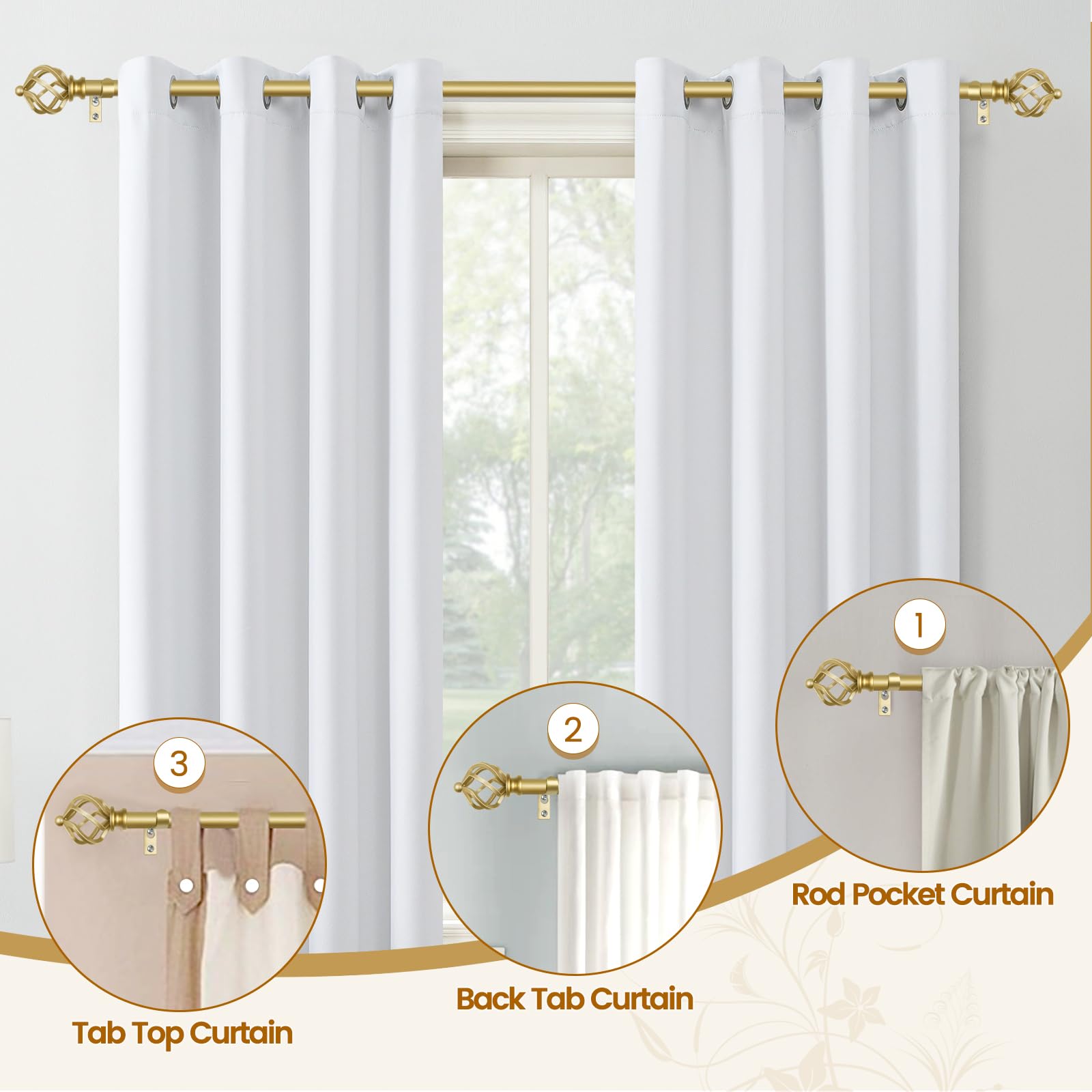 KAMANINA Silver Curtain Rod 32 to 58 Inch(2.6-4.8ft), Adjustable Curtain Rods for Windows 28 to 48 Inch, 3/4 Inch Splicing Drapery Rods with Twisted Cage Finial