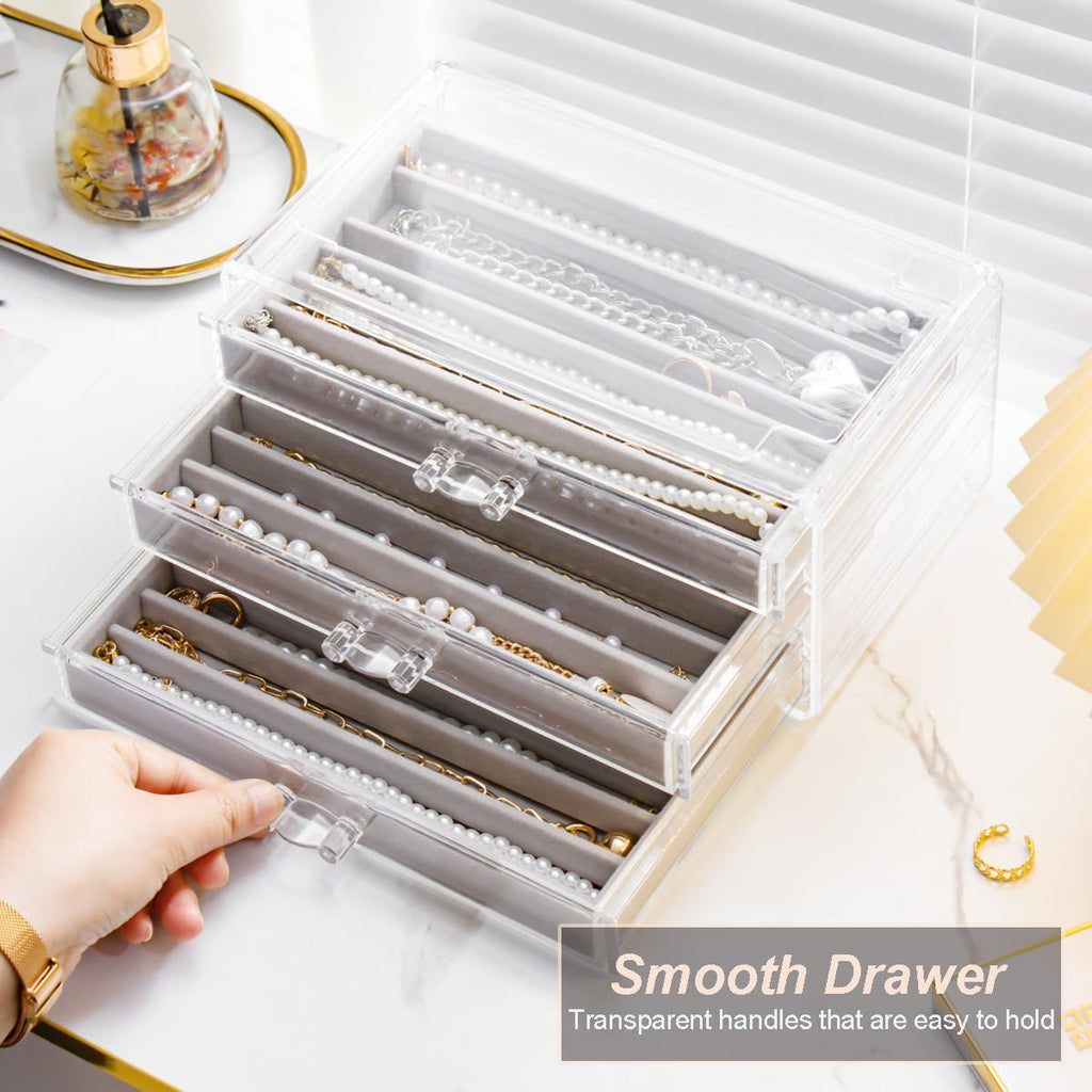 YUFONG Necklace Holder Organizer, Dustproof Necklace Box Velvet Necklace Organizer Box with Lid Clear Acrylic Dustproof Stackable Jewelry Displays for Necklaces Chain Display (Beige, 3 Drawer)