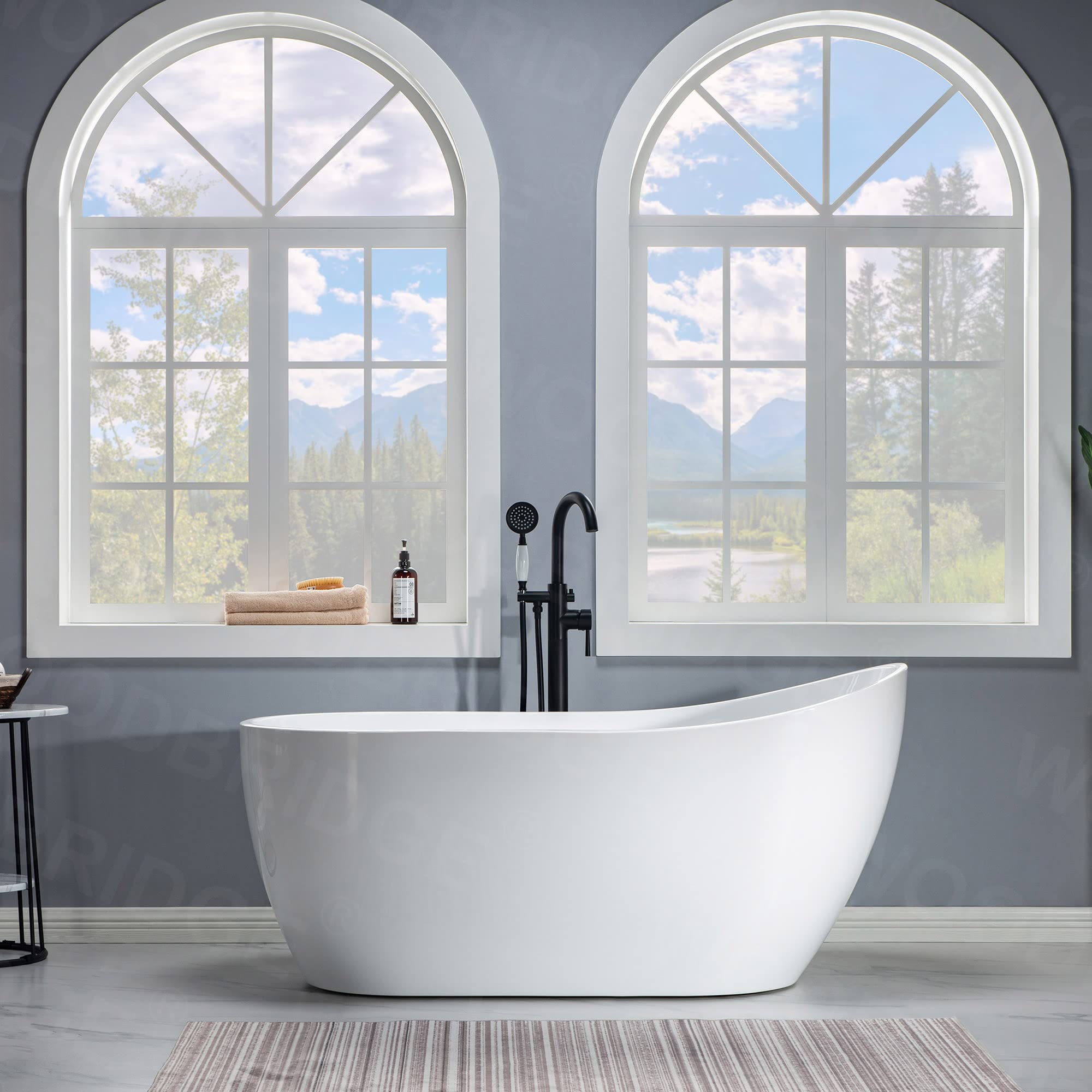 WOODBRIDGE 59" Acrylic Freestanding Bathtub Contemporary Soaking White Tub with Brushed Gold Overflow and Drain， B1530 -BG-Drain &O