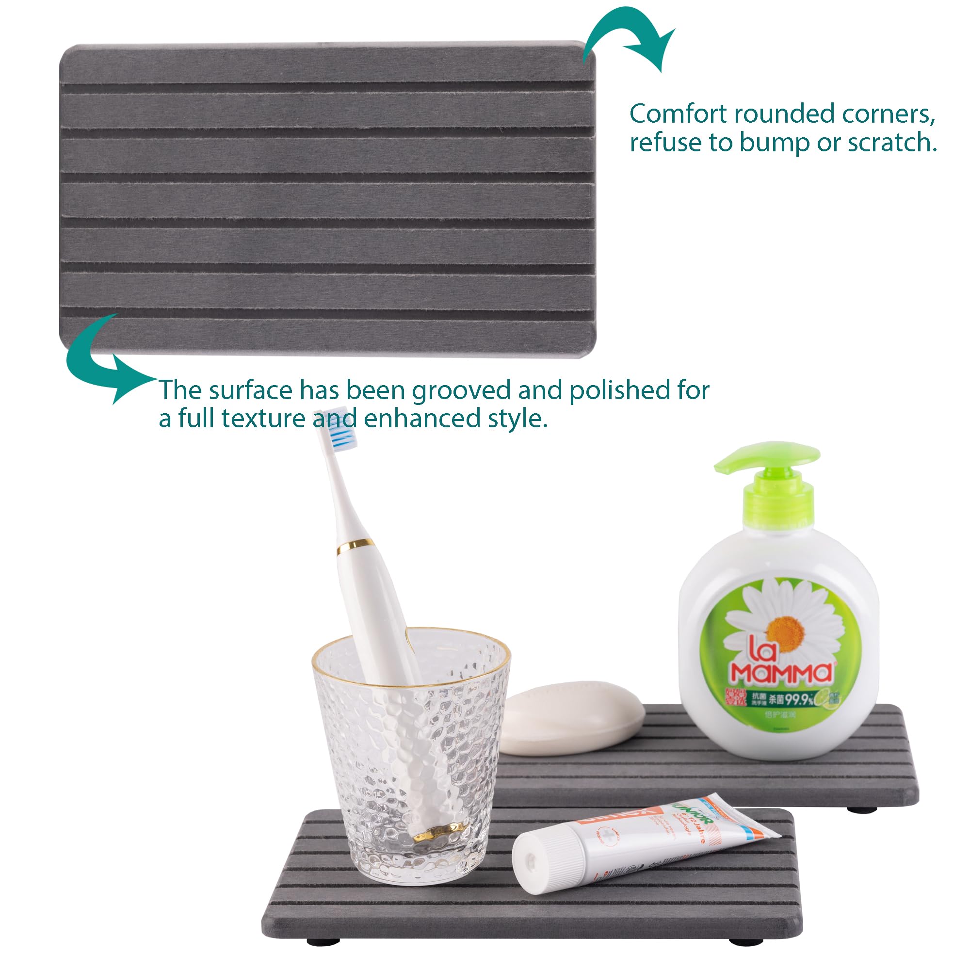 NiuYichee 2 PCS Water Absorbent diatomite Coasters, 7.1" x 3.5" Water Absorbing Stone Tray for Sink, Stone Drying mat for Kitchen Counter, Stone soap Tray Used for Hand Soaps & toiletries & Plants