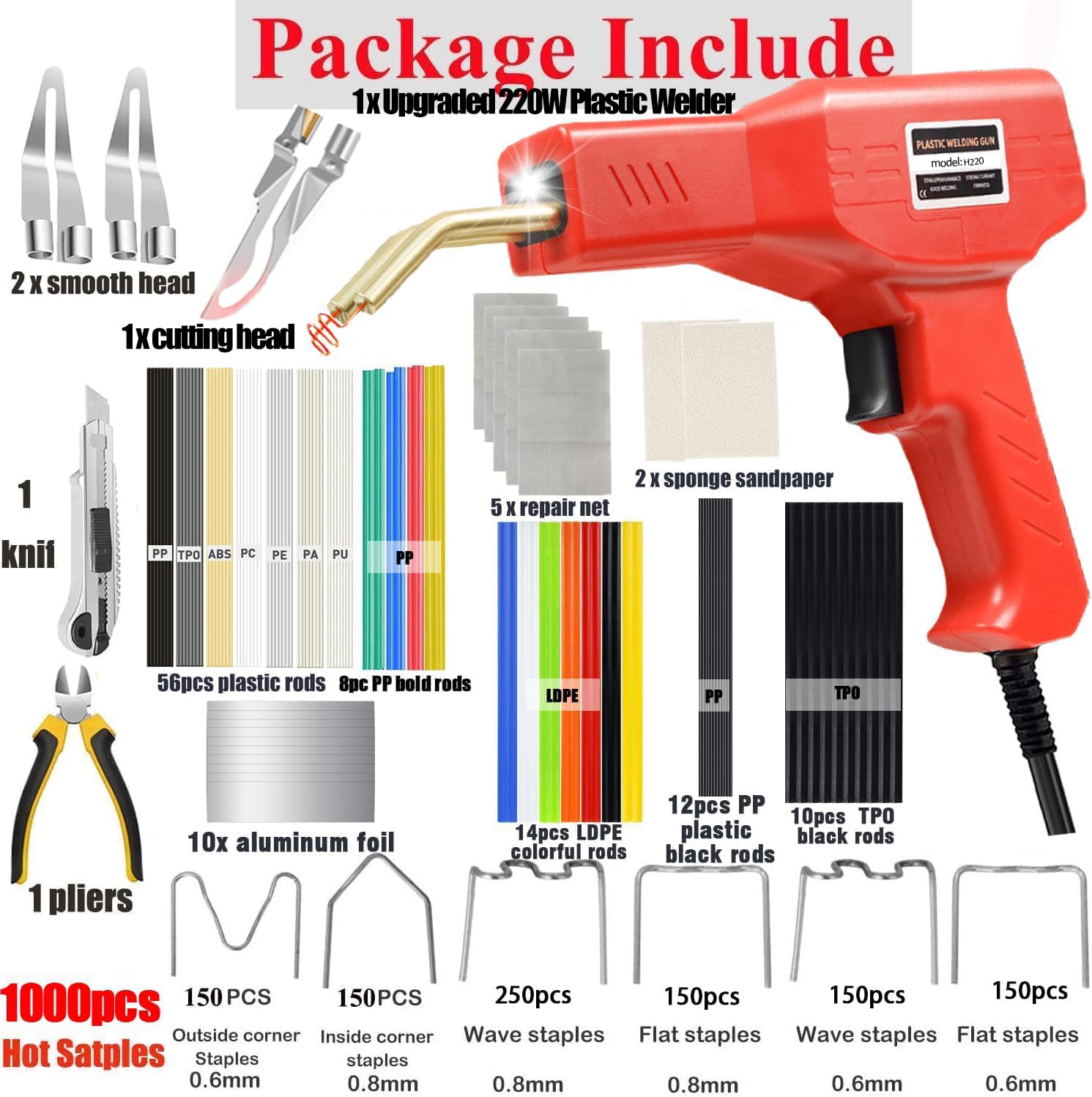 Upgraded 220W Plastic Welder, 2 in 1 Plastic Welding Repair Welder Kit 1000PCS Hot Stapler Soldering Gun with 100PCS Plastics Welding Rods Car Bumper Repair Kit for Most Plastics(Black)
