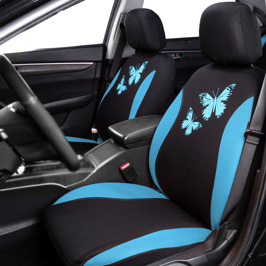 Flying Banner Butterfly car seat Covers ful Set Fashion Universal Lady Woman Female Rear Bench Split Colorized (2 Fronts, Mint Blue)