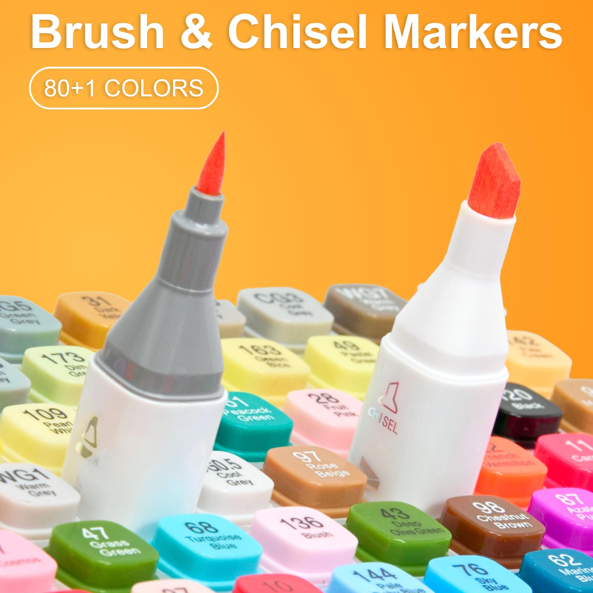AnyMark Alcohol Markers Brush Tip, 60+1 Colors Dual Tip Brush & Chisel Alcohol-Based Art Markers Set with Case for Adult Artists Drawing Coloring