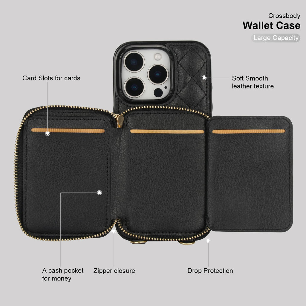 Bocasal Crossbody Wallet Case for iPhone 16 Pro, RFID Blocking PU Leather Zipper Handbag Purse Flip Cover, Kickstand Folio Case with Card Slots Holder Wrist Strap Lanyard 5G 6.3 Inch (Black)