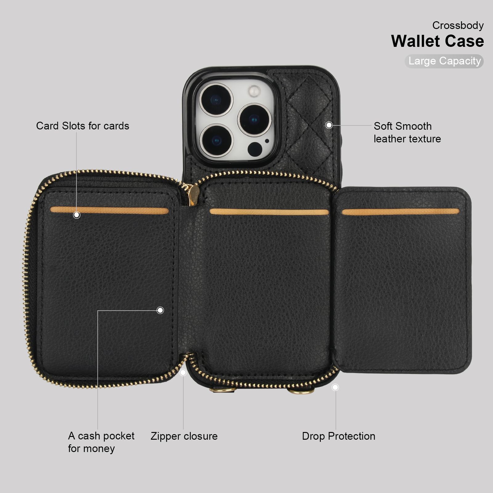 Bocasal Crossbody Wallet Case for iPhone 16 Pro, RFID Blocking PU Leather Zipper Handbag Purse Flip Cover, Kickstand Folio Case with Card Slots Holder Wrist Strap Lanyard 5G 6.3 Inch (Black)