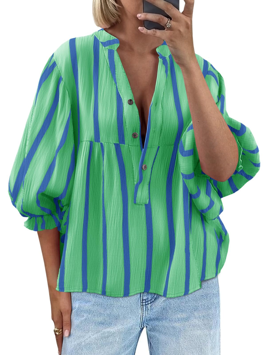 Tankaneo Womens Puff Sleeve Babydoll Tops Summer V Neck Striped Blouse Cute Casual Loose Fit Flowy Shirts