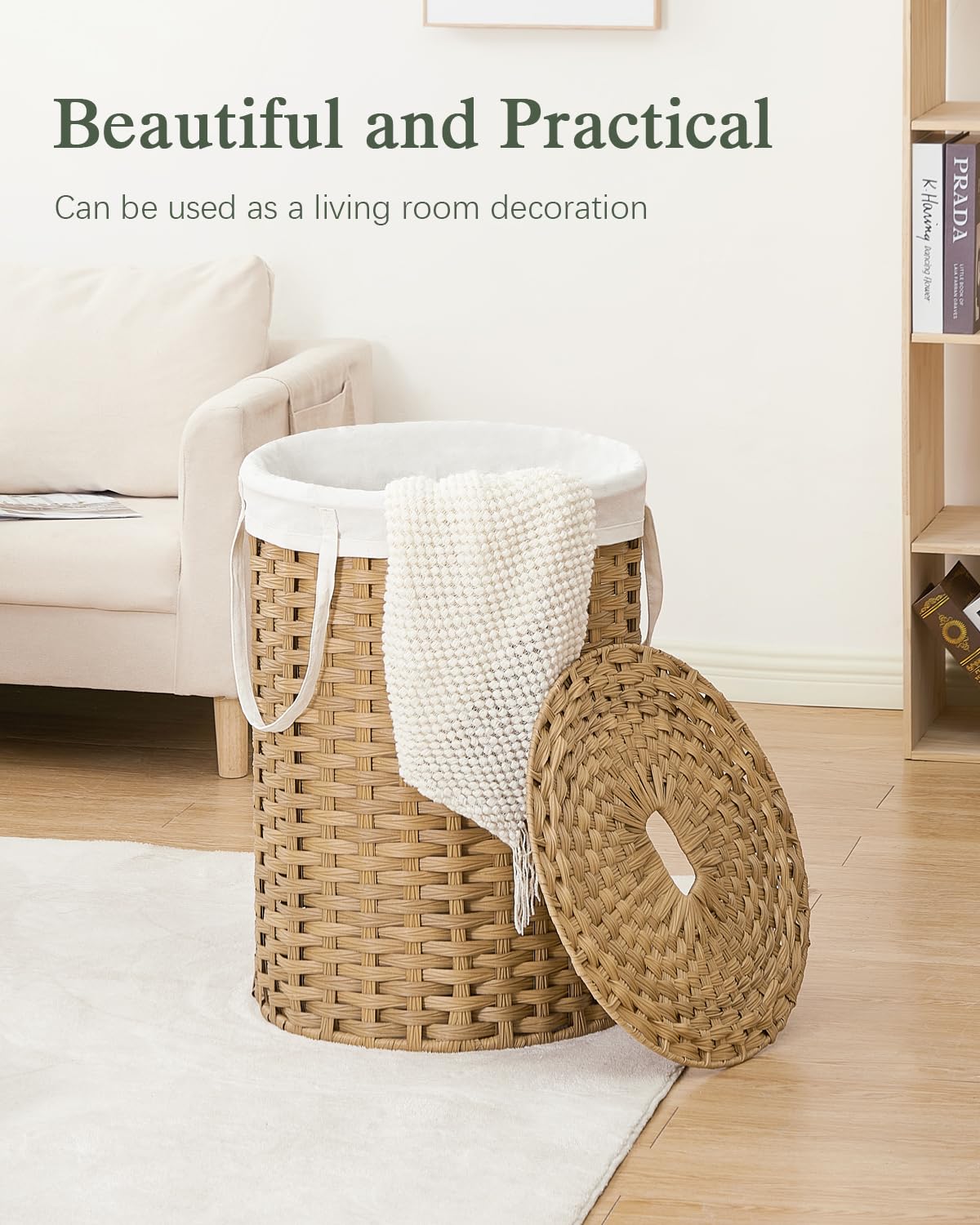 SETVSON Laundry Hamper with Lid Laundry Basket with Lid 19.0 Gal (72 L) Round Wicker Laundry Basket Handwoven Rattan Basket with Lid Removable Bag 2 Mesh Bags Handles for Living Room Bathroom Black