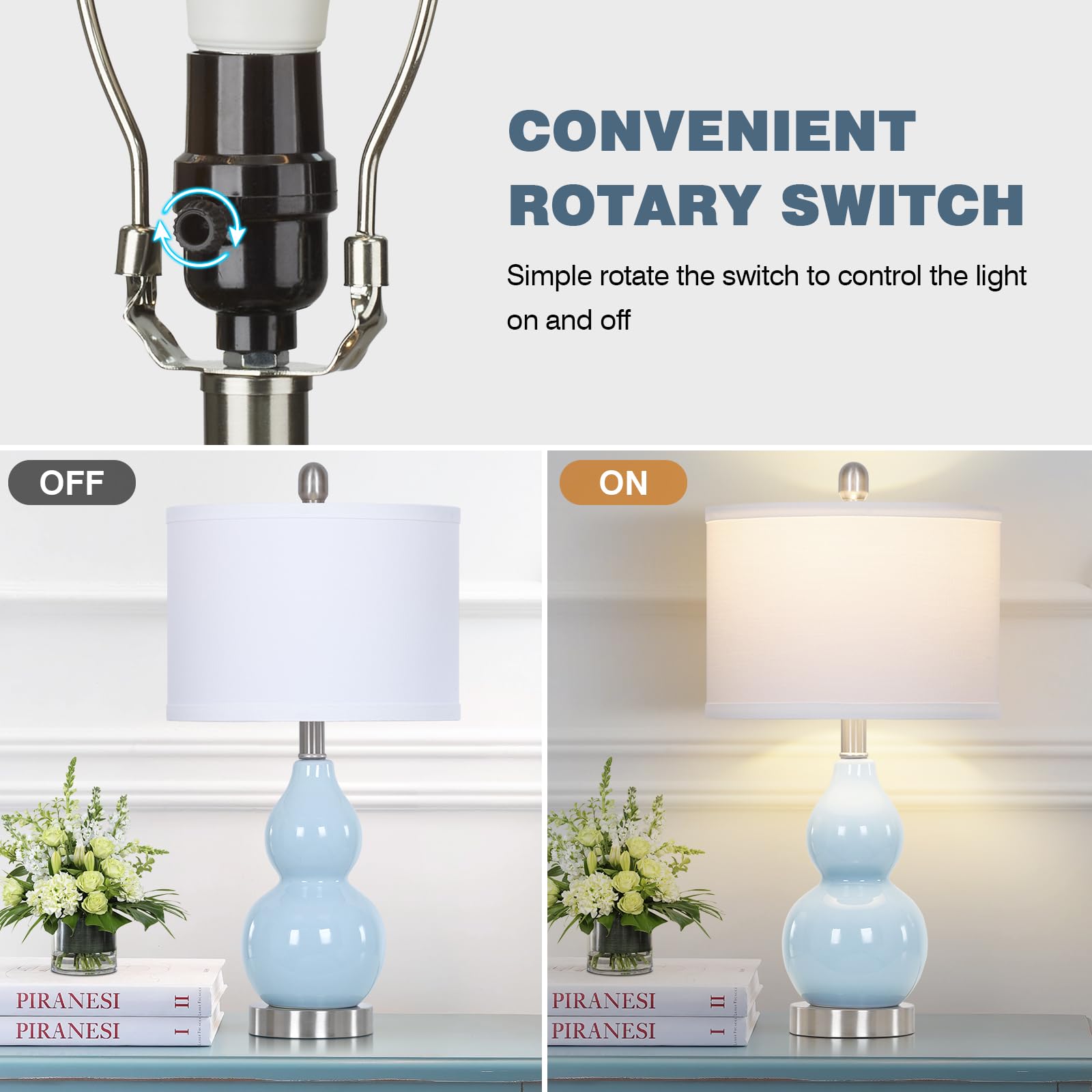 Rinweey Double Gourd Ceramic Table Lamps Set of 2, Modern Blue Bedside Lamps for Night Stand, Contemporary Nightstand Lamps for Bedroom Living Room (Bulb Included)
