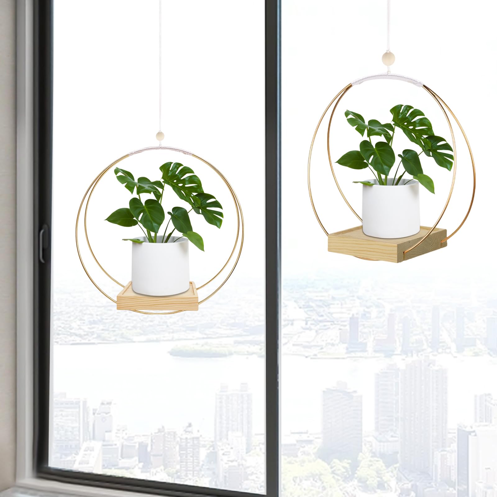 Hanging Planter for Indoor Plants, Black Plant Hanger Indoor with Sturdy Wood Base, Modern Boho Macrame Plant Hanger for 3-5.5 Inch Pot, Hanging Wall Ceiling Window Home Decor (Pots Not Included)