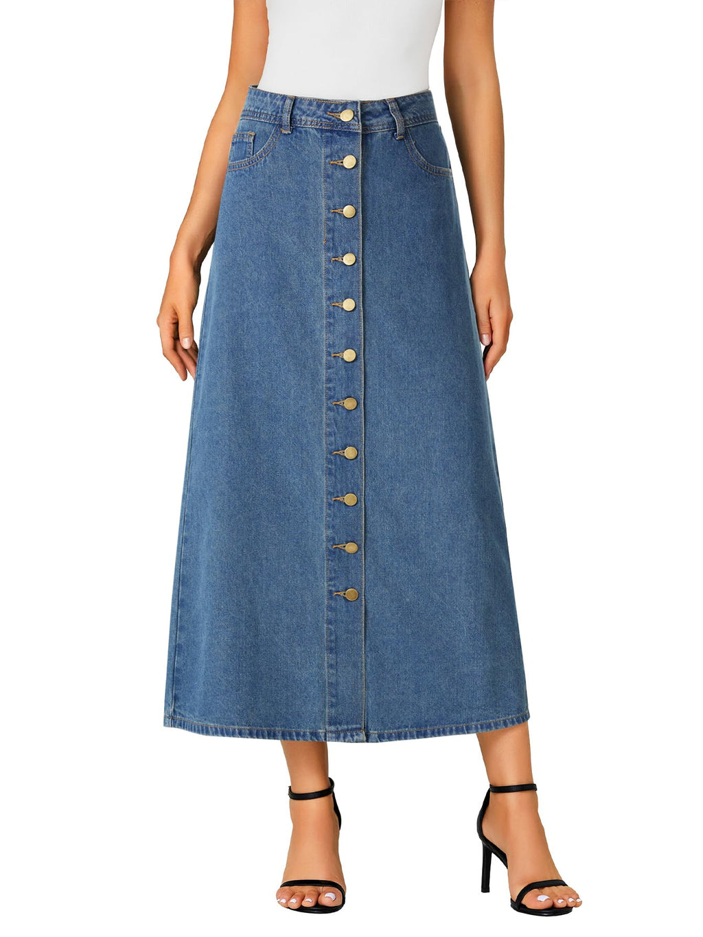 Vrtige Women's Casual Button Down High Waisted A Line Jean Midi Long Denim Skirt with Pockets