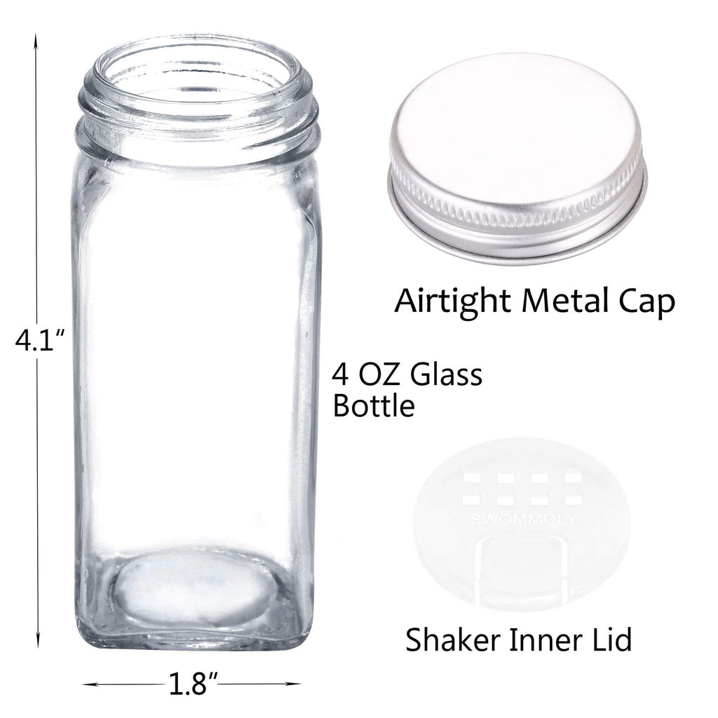 SWOMMOLY 42 Glass Spice Jars with 703 Spice Labels, Chalk Marker and Funnel Complete Set. 42 Square Glass Jars 4oz, Airtight Cap, Pour/sift Shaker Lid