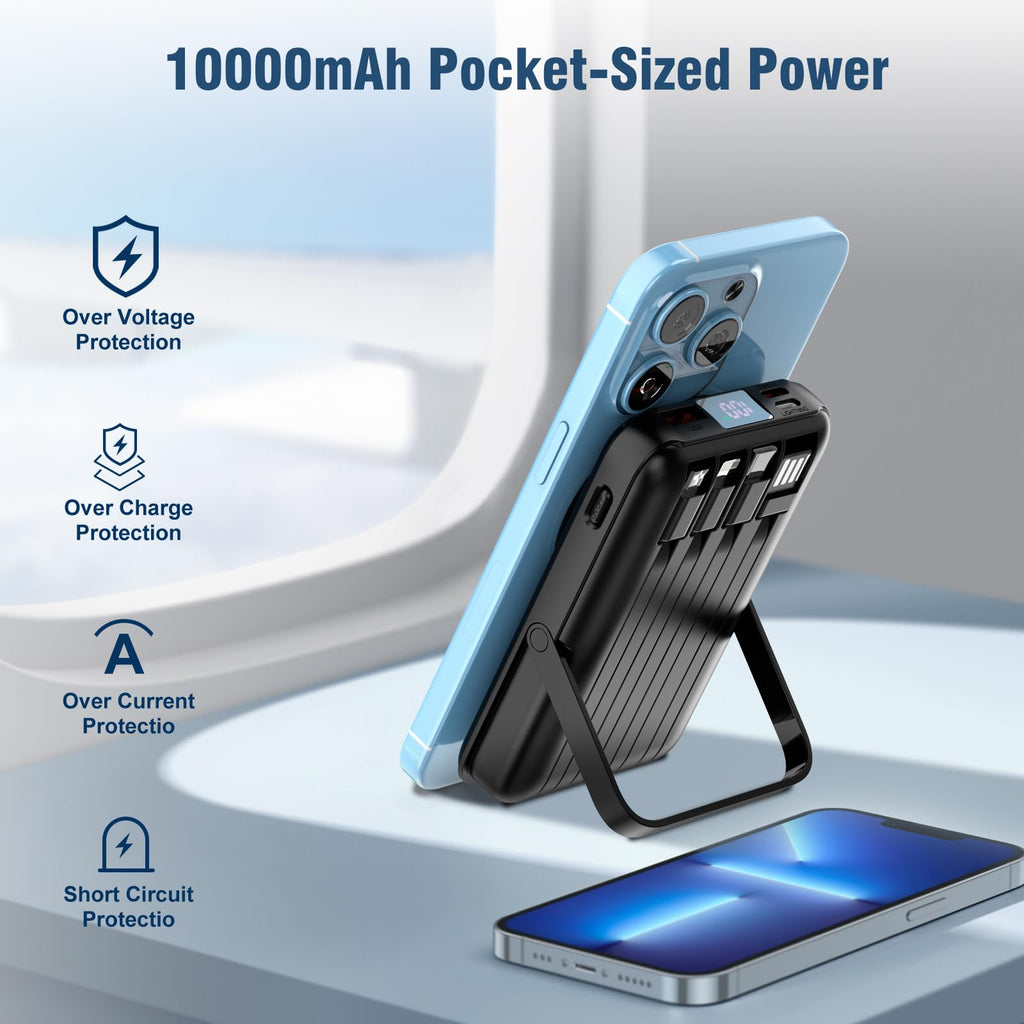 for Magsafe Battery Pack,10000mAh Magnetic Power Bank 22.5W PD Fast Charging with LED Display,Wireless Portable Charger with Built-in Cables and Stand for iPhone 17/16/15/14/13/12/Pro/Pro Max