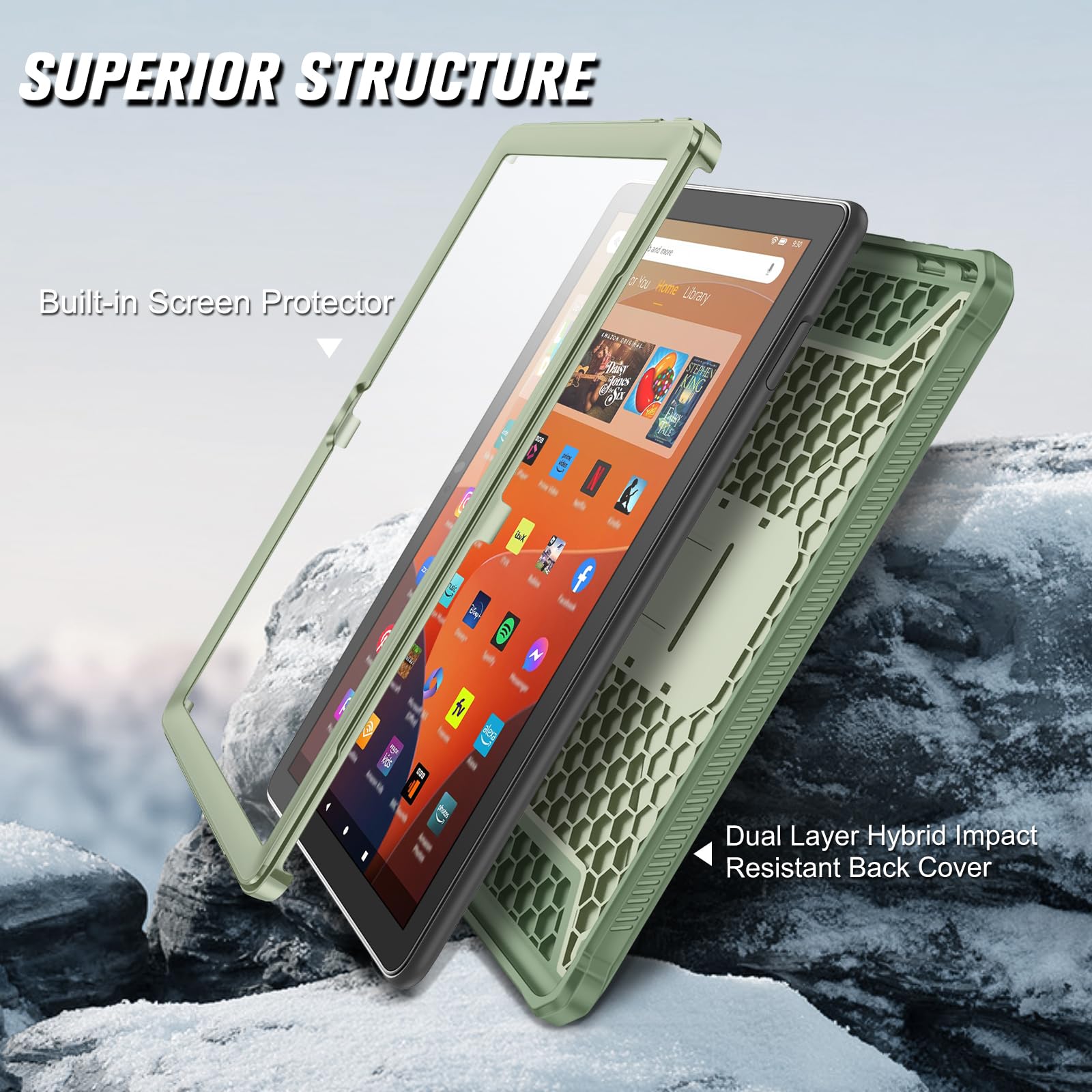 Fintie Shockproof Case for All-New Fire HD 10 Tablet (13th Generation 10.1", 2023 Release), [Tuatara] Rugged Unibody Hybrid Bumper Kickstand Cover with Built-in Screen Protector, Black
