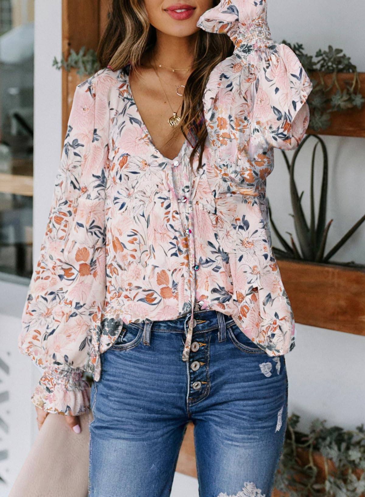 Biucly Women's Casual Boho Floral Print V Neck Long Sleeve Drawstring Tops Loose Blouses Button Down Shirts