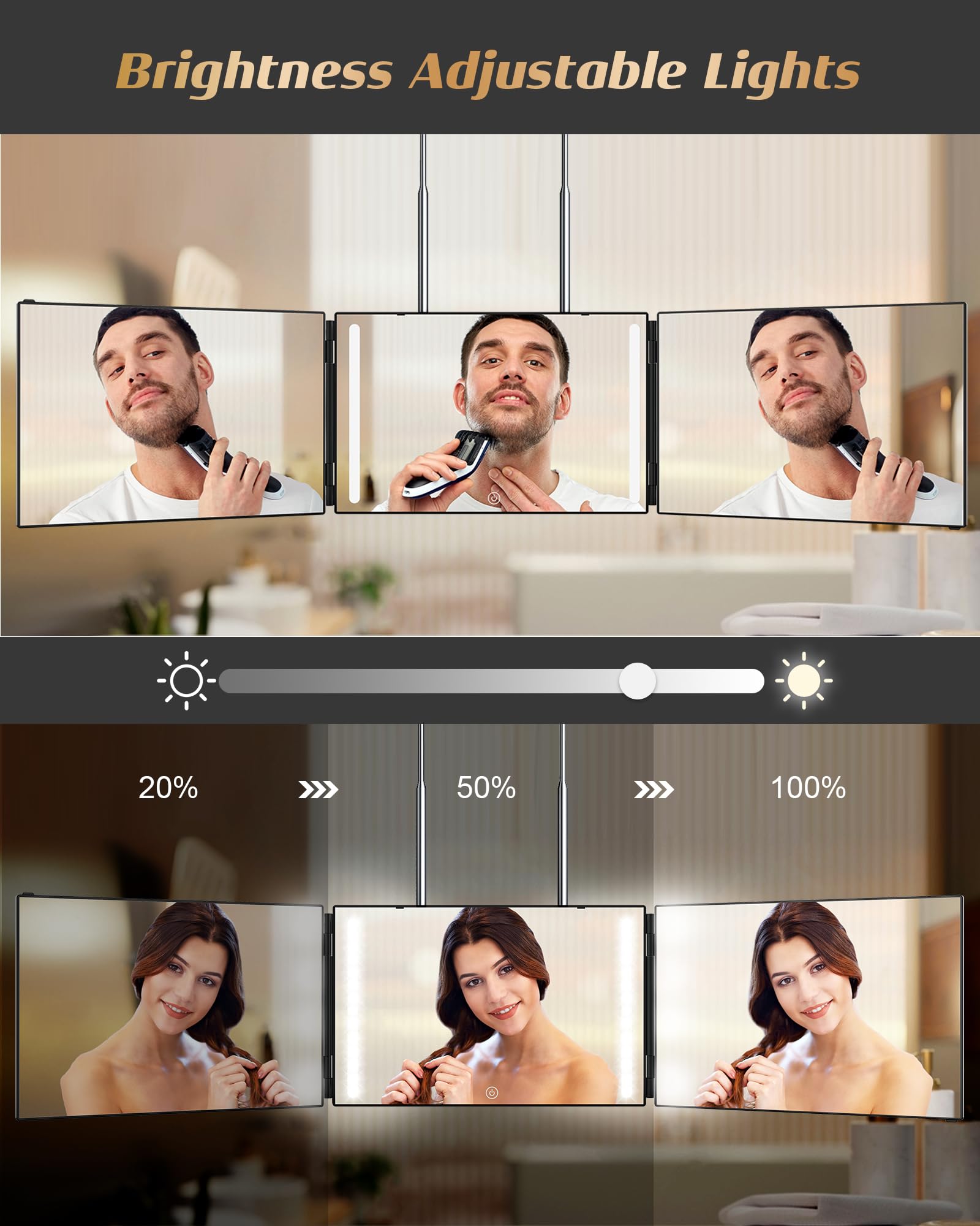 JUSRON 360 Viewing Angle Self Hair Cutting Mirror, Clear Anti-Fog HD Glass, USB Rechargeable, Easy to Use, Height Adjustable, Portable, Good Choice for Gifts