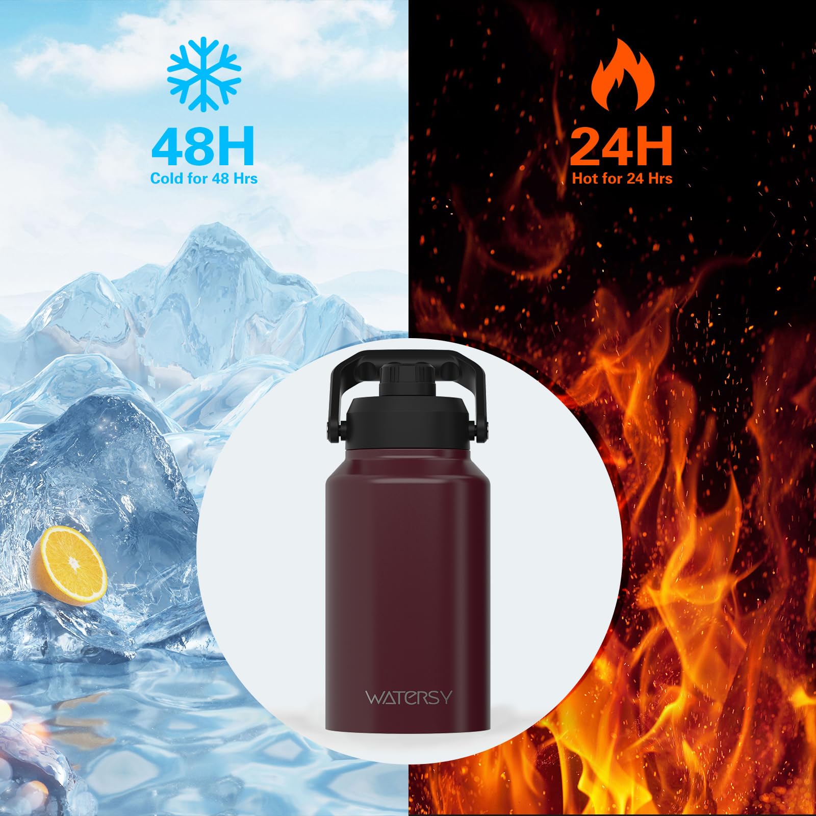 WATERSY Half Gallon Water Bottle Insulated(Cold for 48 Hrs),BPA Free&Leak Proof,64oz Stainless Steel Water Jug/Flask,Big thermo,Large Water Bottle with Handle for Gym,Hiking,Camping,Black