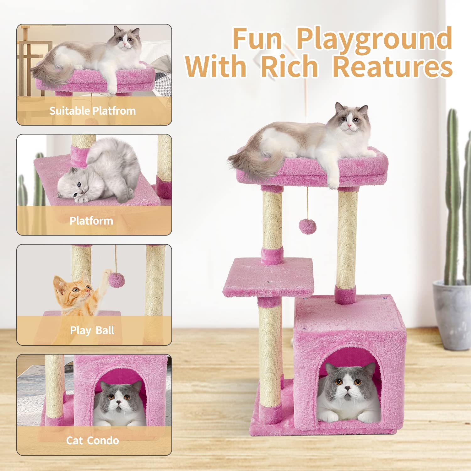 FISH&NAP Cute Cat Tree Kitten Cat Tower for Indoor Cat Condo Sisal Scratching Posts with Jump Platform Cat Furniture Activity Center Play House Beige