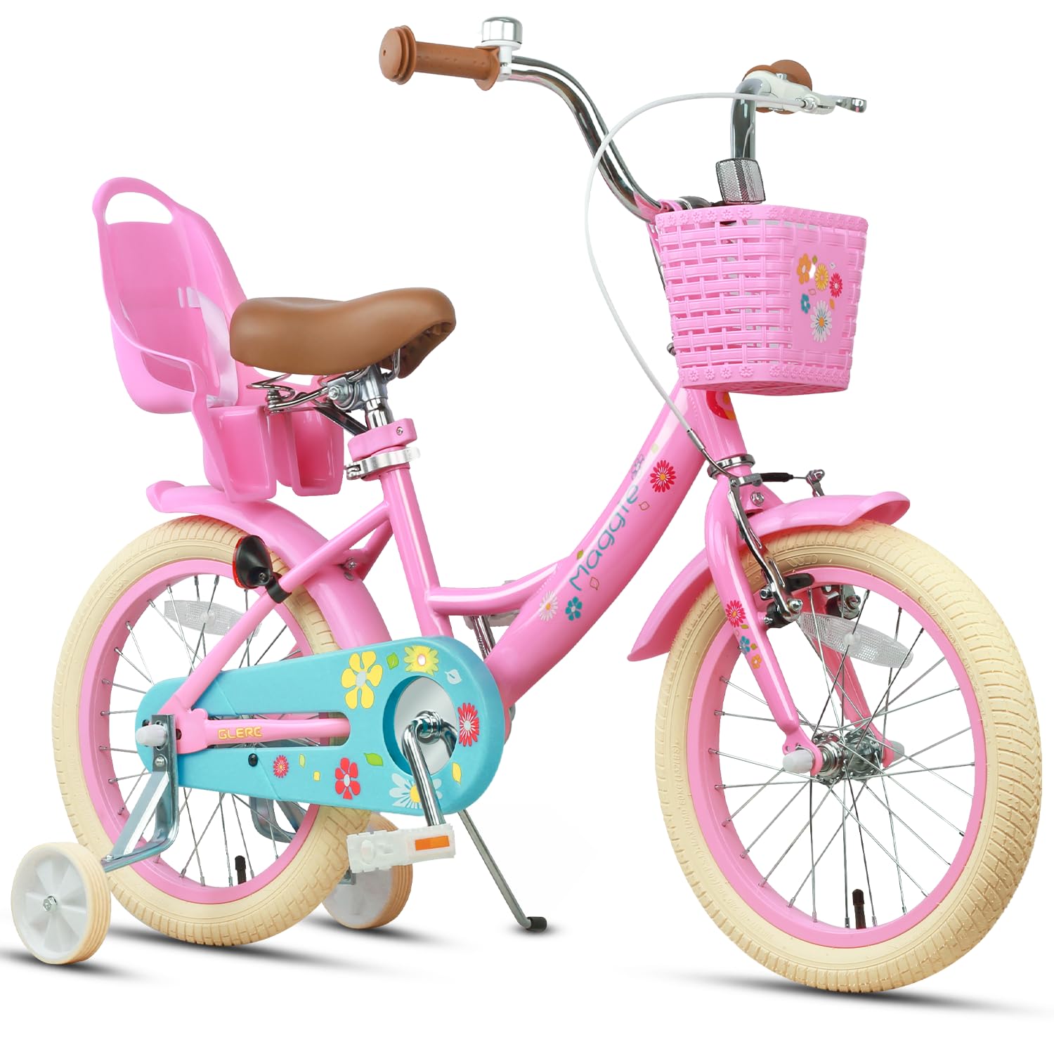 Glerc Maggie Girls Bike, 12-20 Inch Kids Bike for 2-13 Years Old Children, Princess Style Kids Bicycle with Doll-Seat & Basket & Training Wheels, Multiple Colors