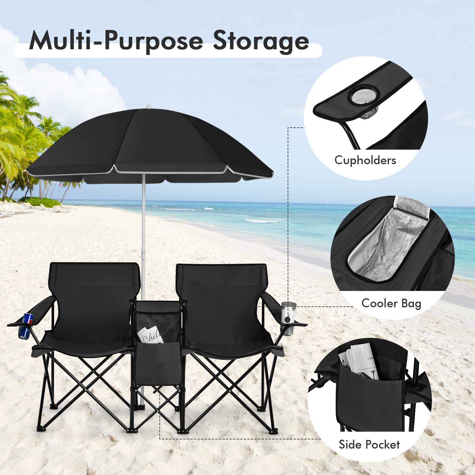 COSTWAY Double Portable Picnic Chairs, Folding Camping Chairs w/Detachable Umbrella, Cooler Bag, Cup Holders, Patio Beach Camping Chairs for Outdoors