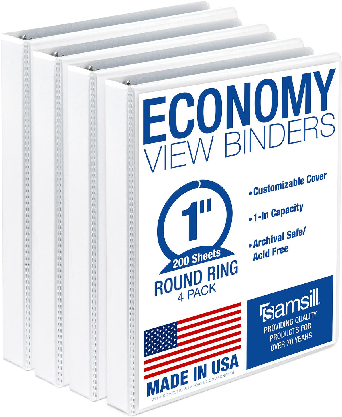 Samsill 1 Inch 3 Ring Binders, Economy Round Ring, Clear View Cover, 200 Sheet Capacity - for School, Home, Office - Blue, 4 Pack