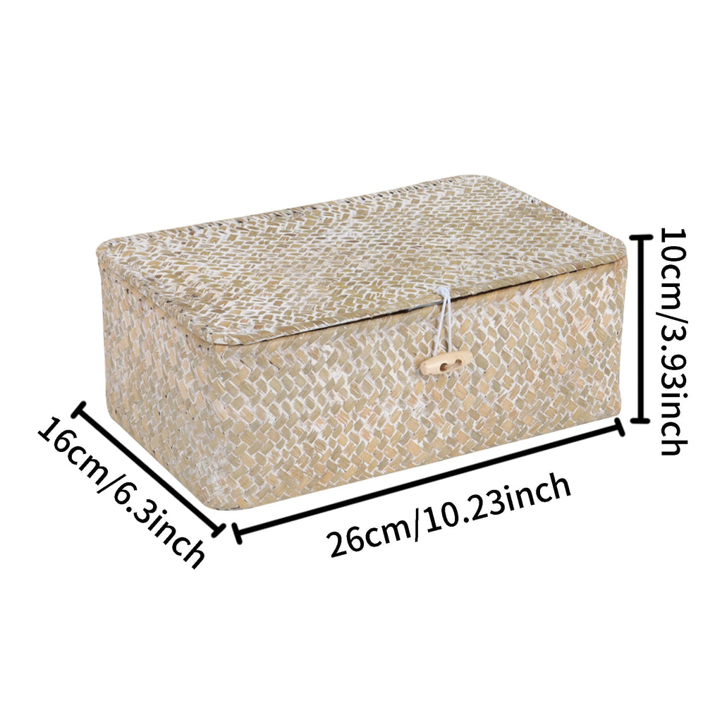 FEIALNDUO Wicker Shelf Baskets with Lid,Seagrass Storage Basket Bins Rectangular Handwoven Basket Boxes for Shelves Desktop Home Organizer (Coffee, X-Small)