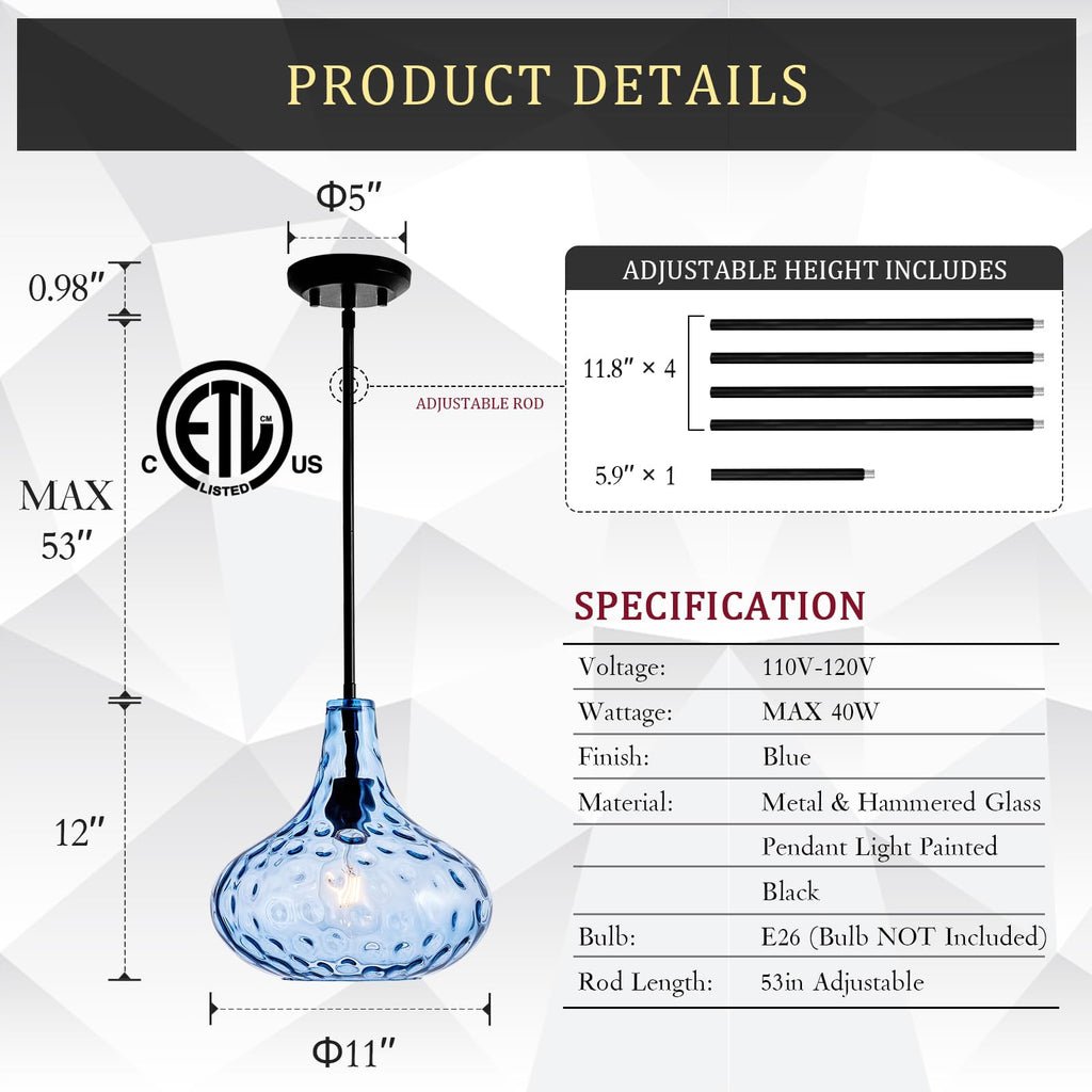 Glass Large Pendant Lights for Kitchen Island Blown Glass Pendant Light Clear Hammered Shade Hanging Ceiling Lights with Black Finish for for Kitchen Island, Sink, Hallway, Living Room 11 inch