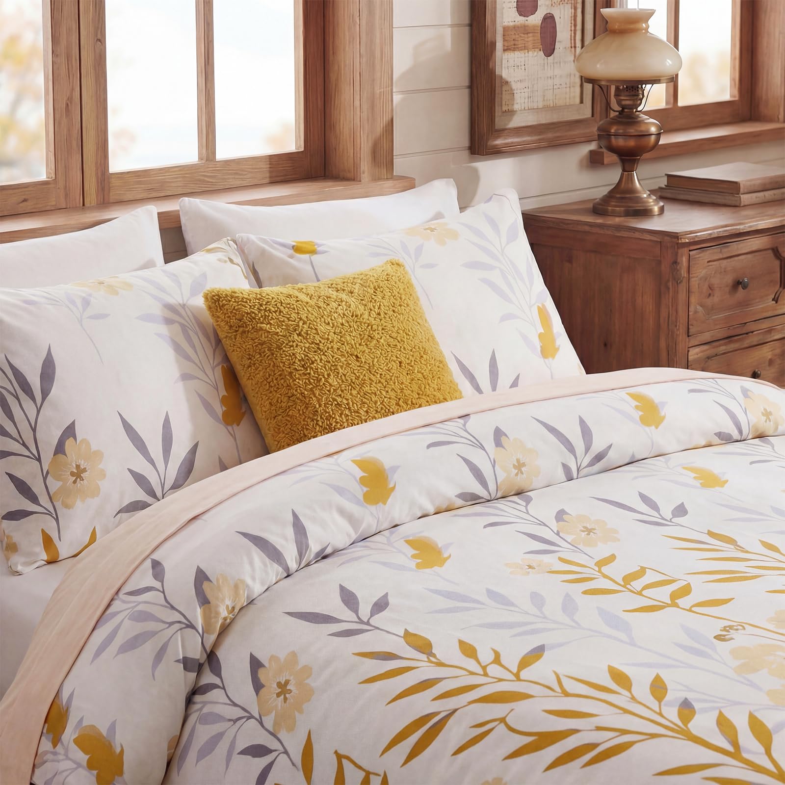100% Natural Cotton Comforter Set Queen 3 Pcs Grayish Blue Bedding Sets with Luxurious Damask Pattern, Reversible Breathable Soft Comforter Sets for All Season