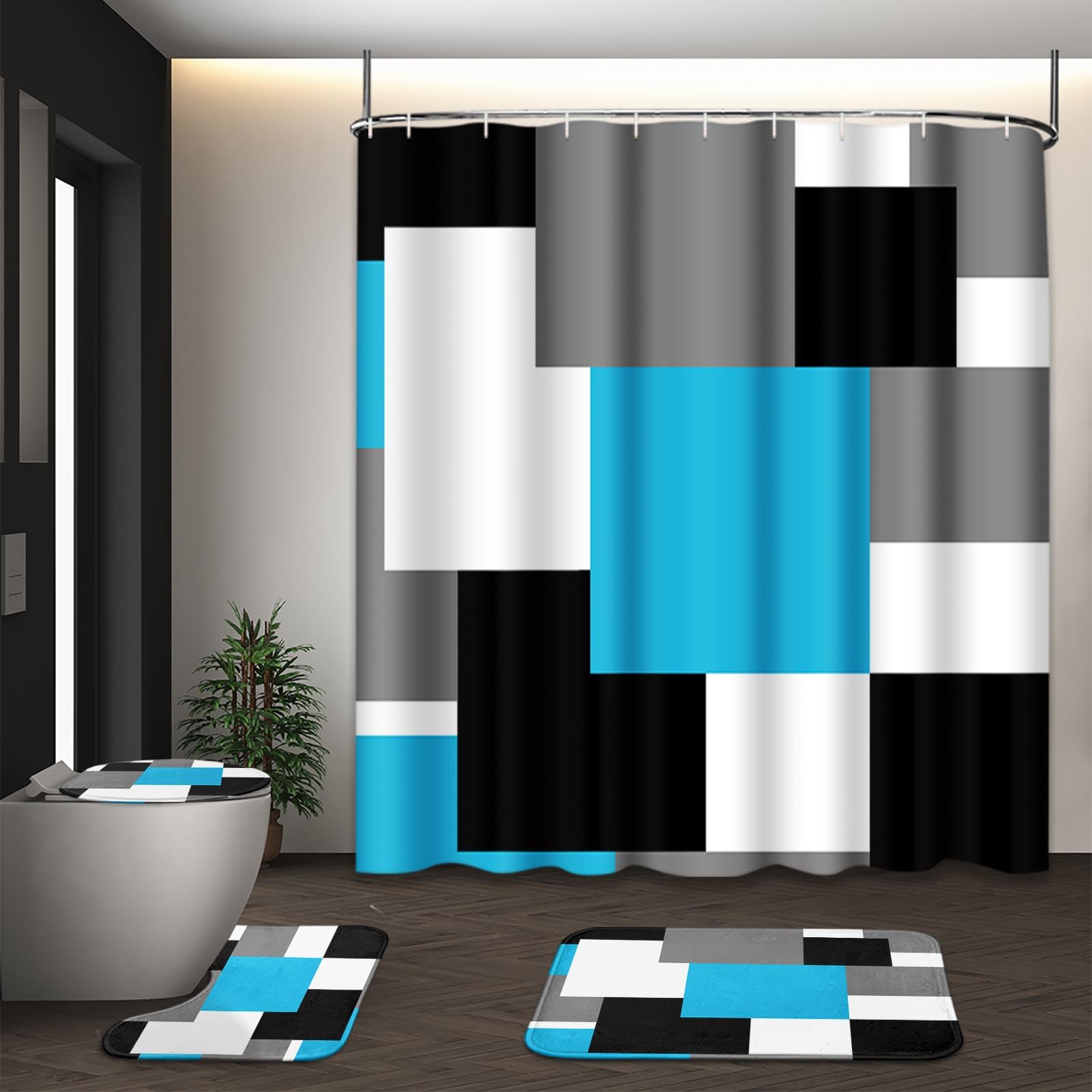 Beige Geometric Shower Curtain Set with Toilet Lid Cover and Non-Slip Rugs for Bathroom, Black Grey White Checkered 4 Pcs Shower Curtain, Modern Abstract Bathroom Set with 12 Hooks