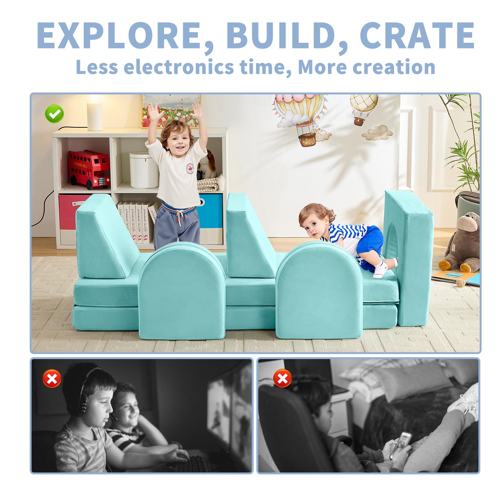 wanan Kids Couch 10PCS, Modular Kids Play Couch for Playroom Bedroom, 10 in 1 Multifunctional Kid Sofa for Playing, Creativing, Sleeping, Indoor Toddler Couches for Boys and Girls(Dark Grey)