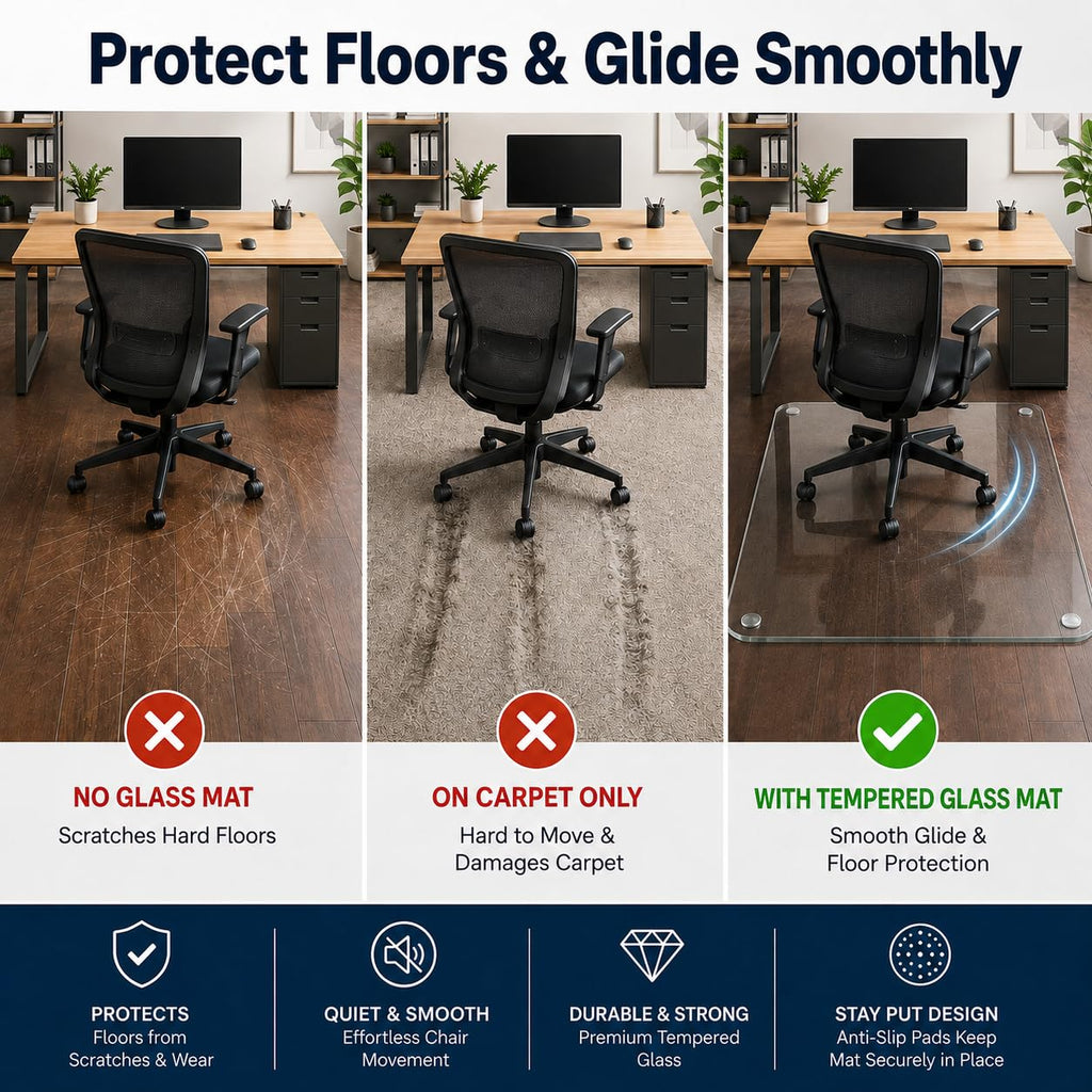 Tempered Glass Chair Mat 48" x 32",1/5" Thick for Office Desk,Rolling Chair Mat for Carpet, Odorless, Easy to Clean with 4 Non-Slip Pads for Carpet & Hardwood Floors