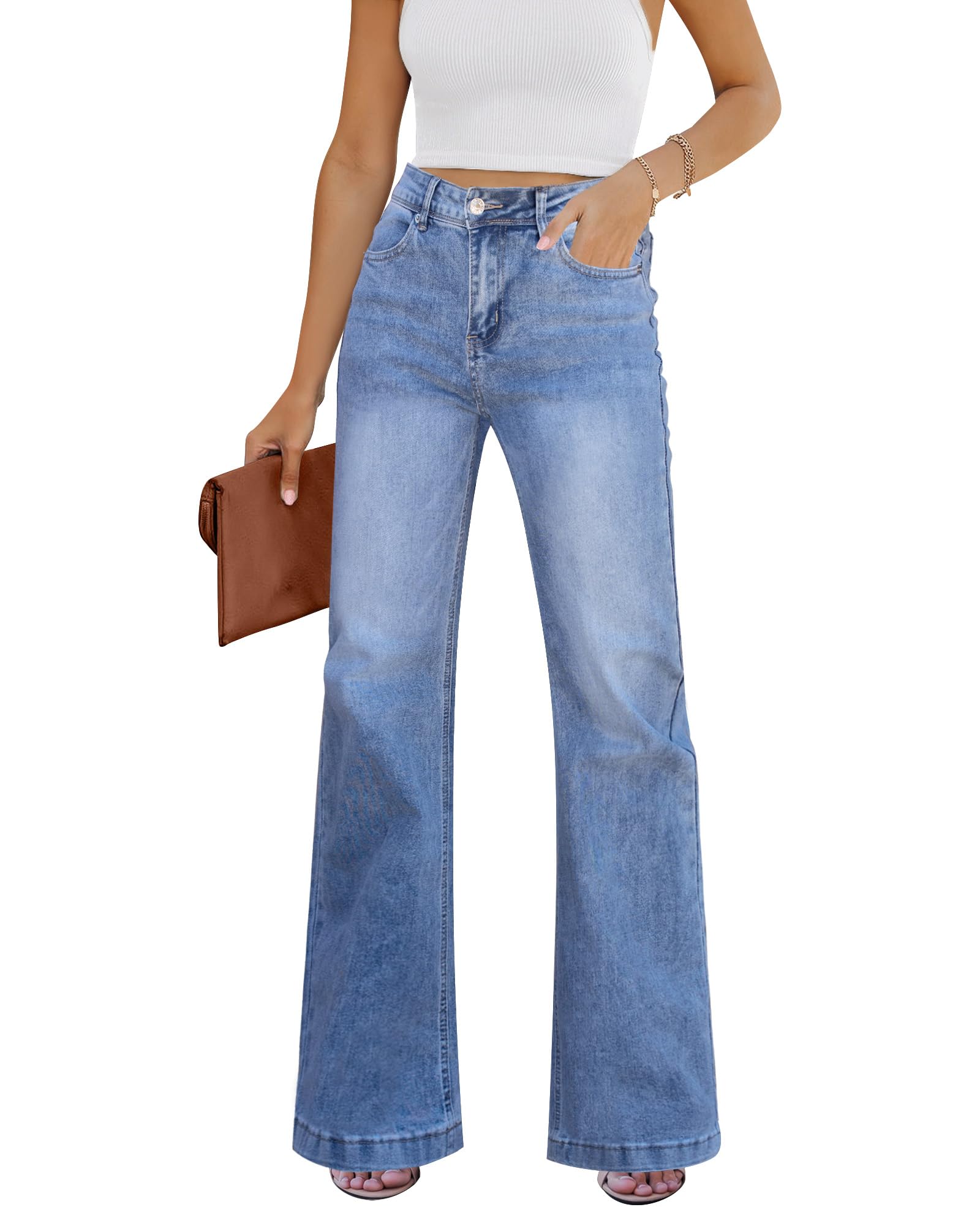 GRAPENT Womens Flare Jeans High Waisted Wide Leg Baggy Jean for Women Stretch Denim Pants