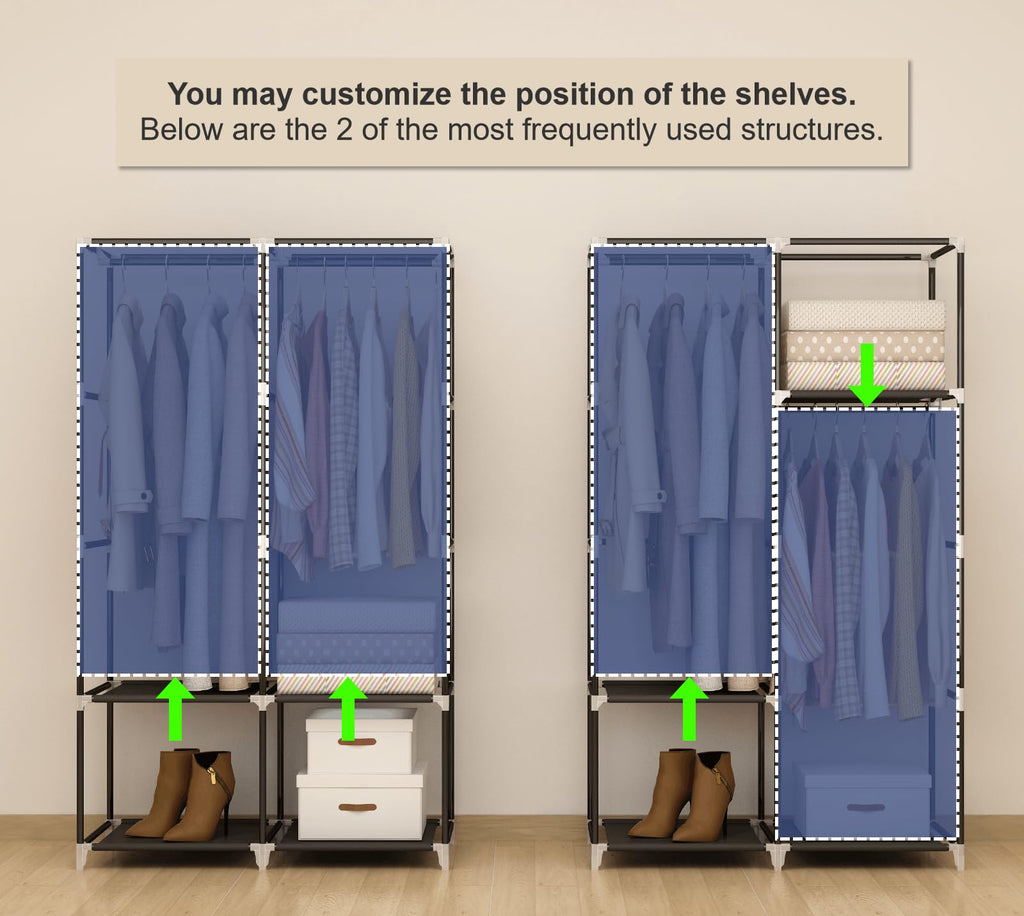 MOGELAFOO Portable Closet Wardrobe for Small Room, 35-Inch Clothing Organizer Storage Rack with 2 Clothes Hanging Rods and 4 Shelves, Non-Woven Fabric Cover, Black