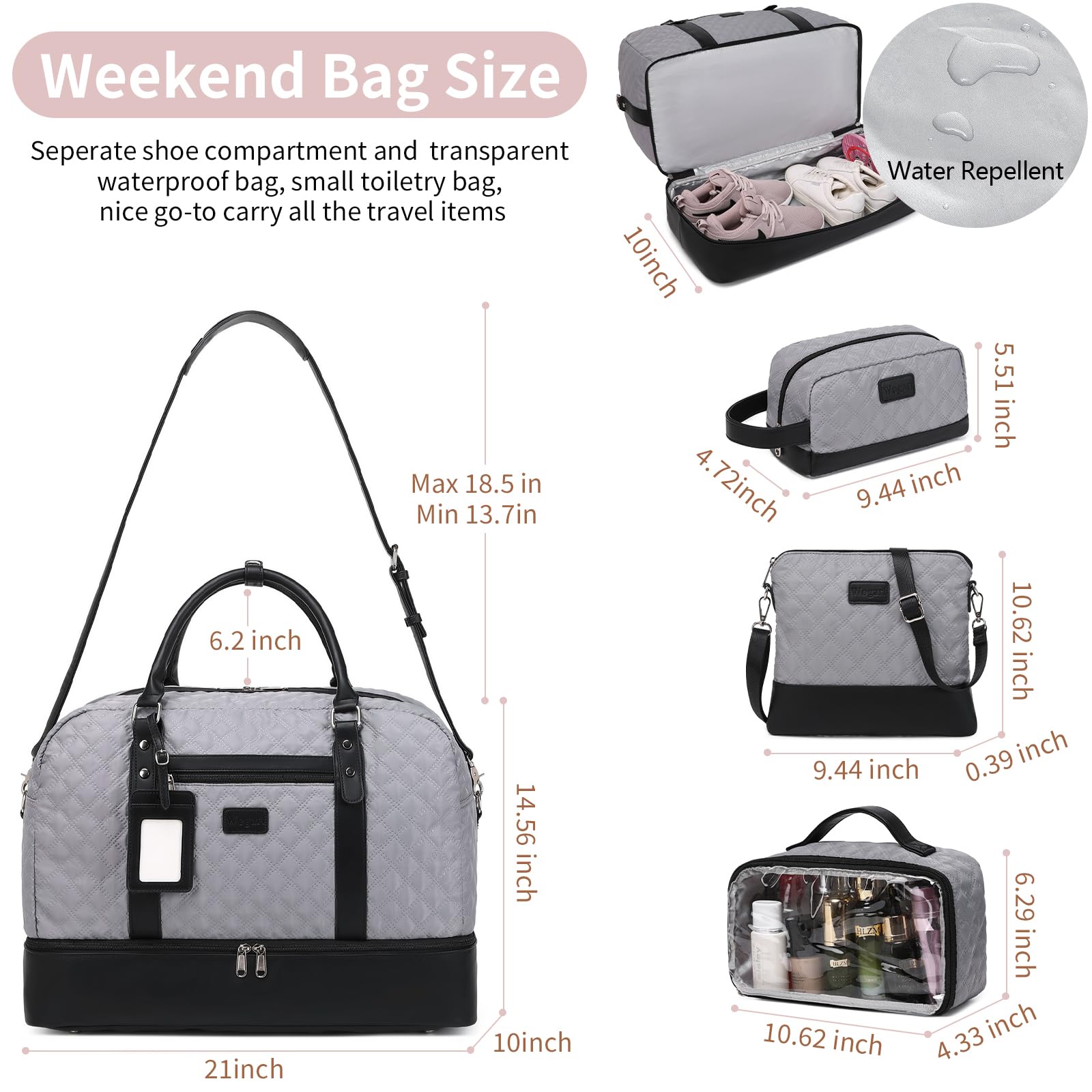 Wogarl 4PCS Weekender Bags for Women Large Overnight Weekend Travel Duffel Carry on Shoulder with Shoe Compartment Canvas Toiletry Bag for Travel Business Gym
