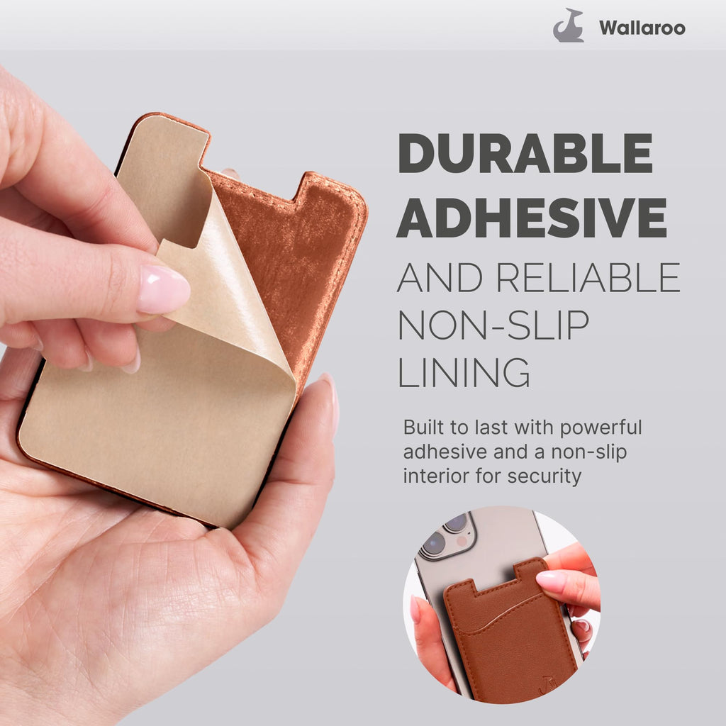 Wallaroo Premium Leather Cell Phone Wallet Stick On - Android and iPhone Wallet and Card Holder for Women and Men - Durable with Non-Slip Lining Secures Up to 3 Cards