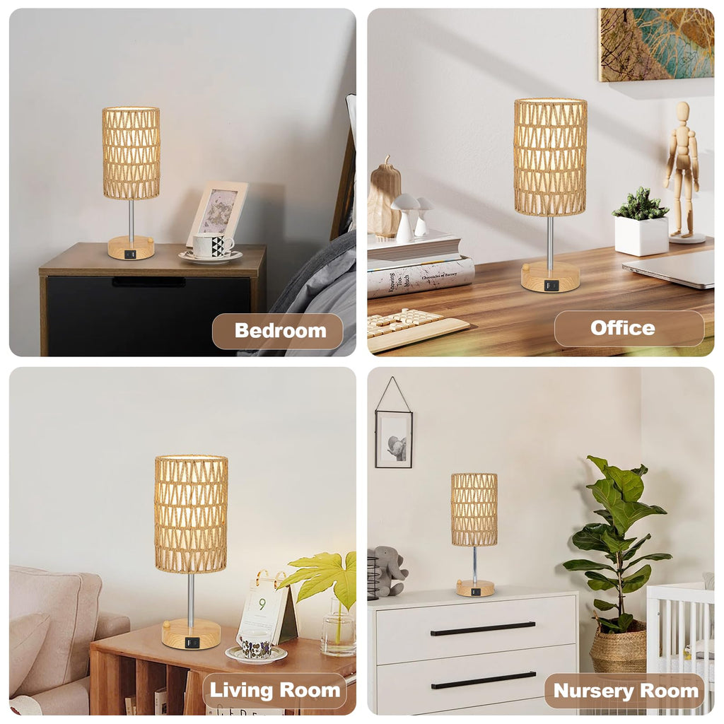 Rattan Bedside Table Lamps Set of 2 - Boho Lamps With 3 Color Temperatures & USB AC Port, Pull Chain Table Lamp For Bedroom, Cute Small Lamp For Nightstand Office Desk Bed Side End Table Living Room