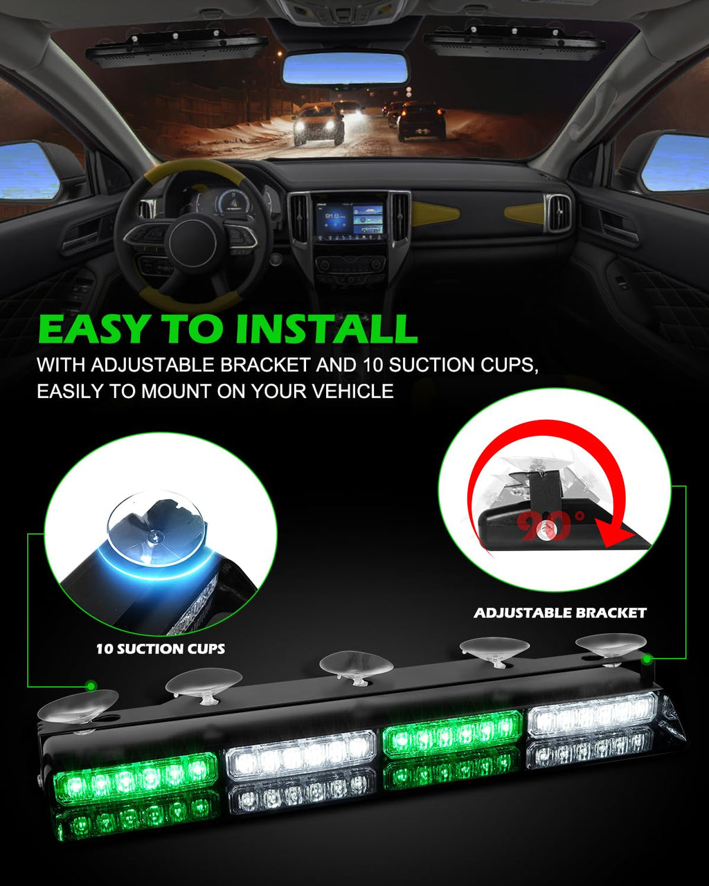HLauto 604N Emergency Dash Strobe Lights: 2x16.8 inch Amber White Security Light w/Take Down, 48 LED Safety Flashing Warning Hazard Interior Windshield Light Bar for Truck Vehicle