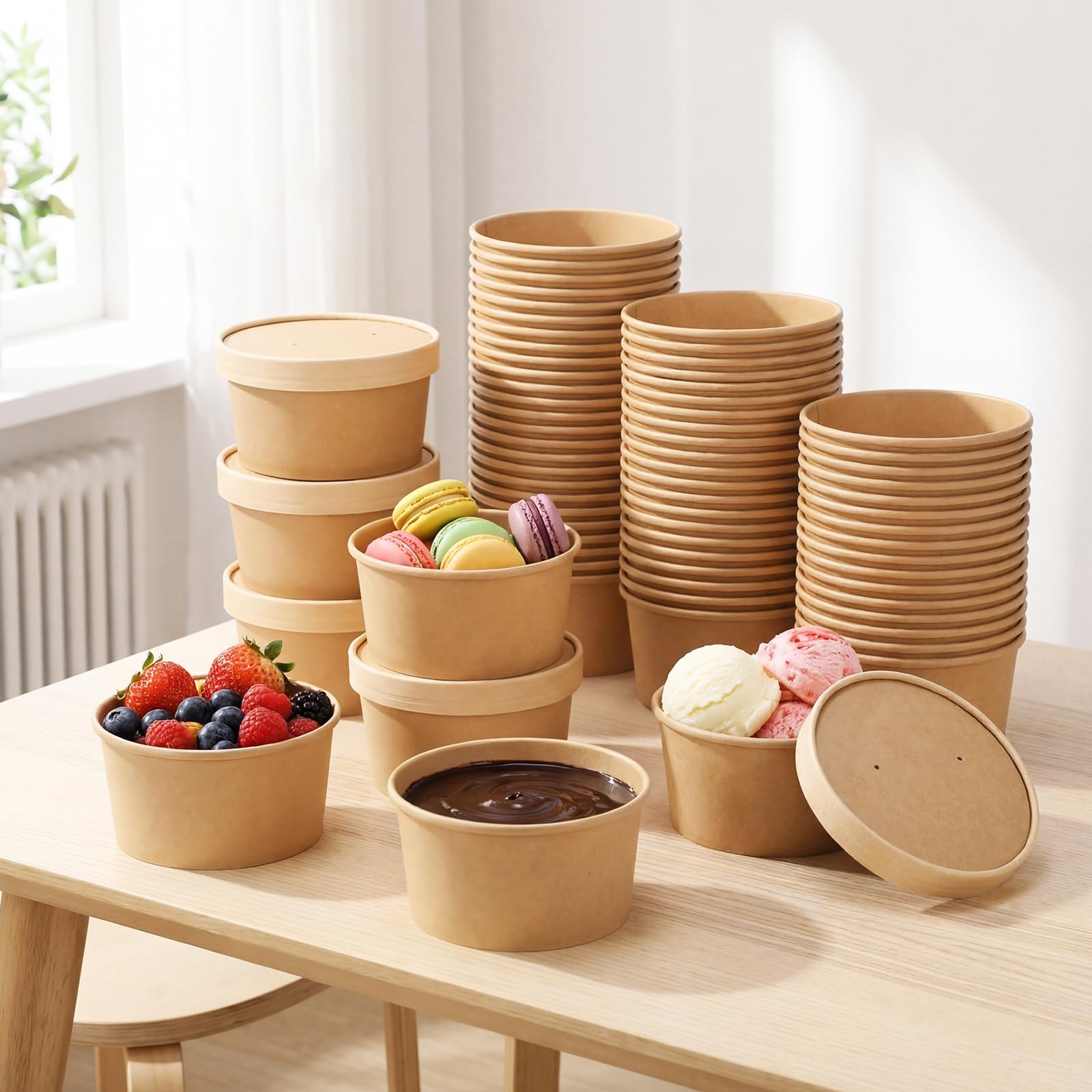 Fulmoon 100 Pack Paper Soup Containers with Lids Disposable Paper Food Containers with Vented Lid Kraft Ice Cream Cake Dessert Cups Soup Bowl for Party Hot Food Fruit Microwave(4 oz,Brown)