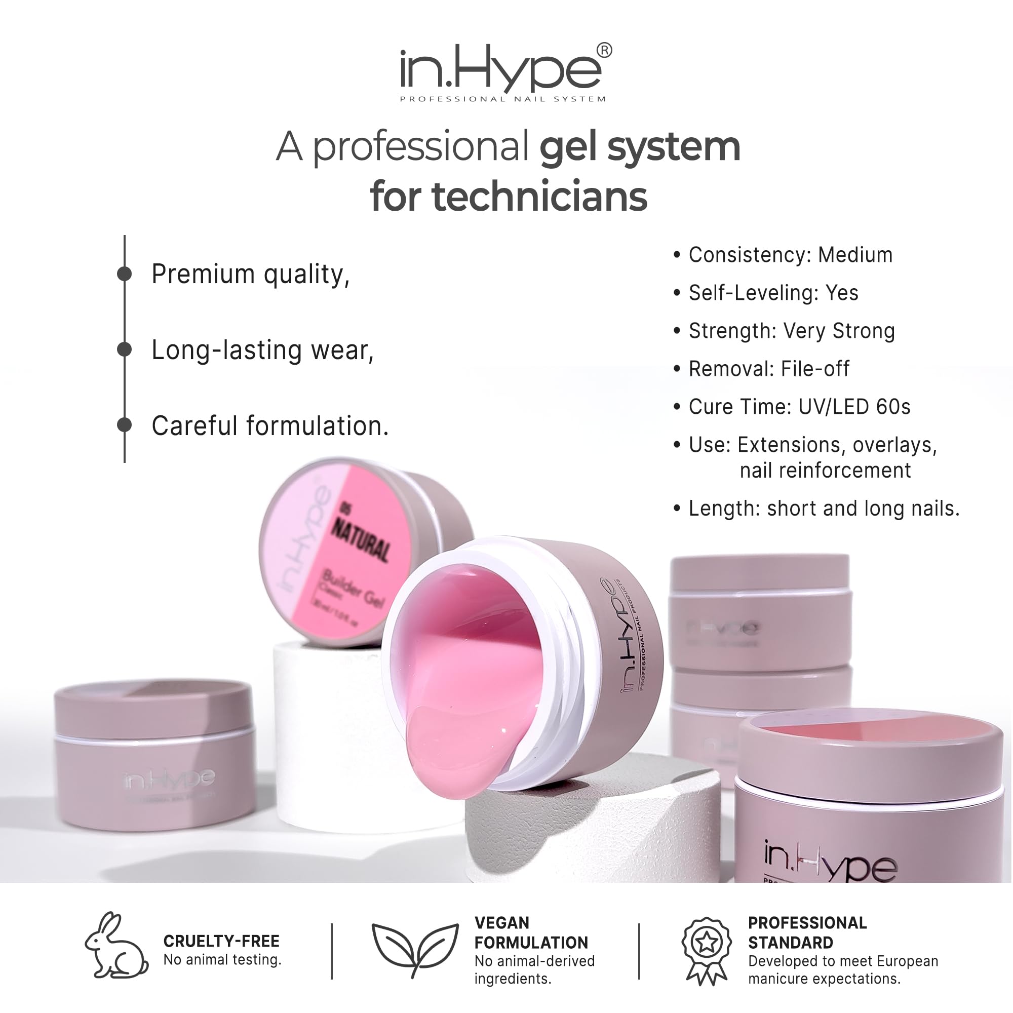 IN.HYPE UV/LED Professional Hard/Builder Gel for Nail Extension/Strengthening/Overlays File Off (Baby Pink #3)