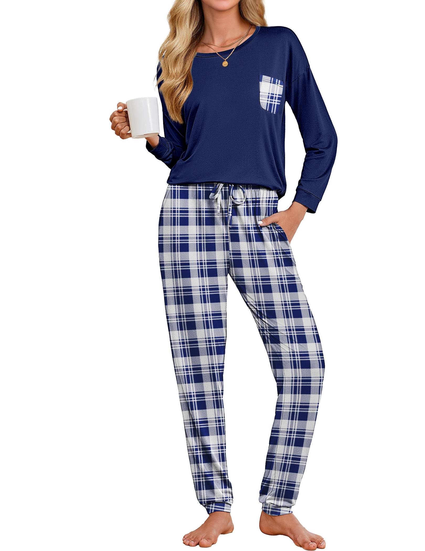 Ekouaer Womens Pajamas Set Long Sleeve Christmas PJ Sets Soft Lounge Set for Women Sleepwear Joggers with Pockets