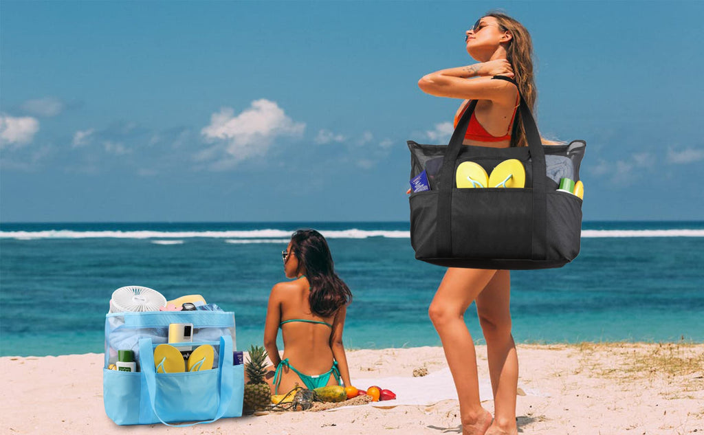 Mesh Beach Bag - Large Waterproof Beach Tote Bag with Zipper, Oversized Foldable Lightweight Family Swim Bag Vacation