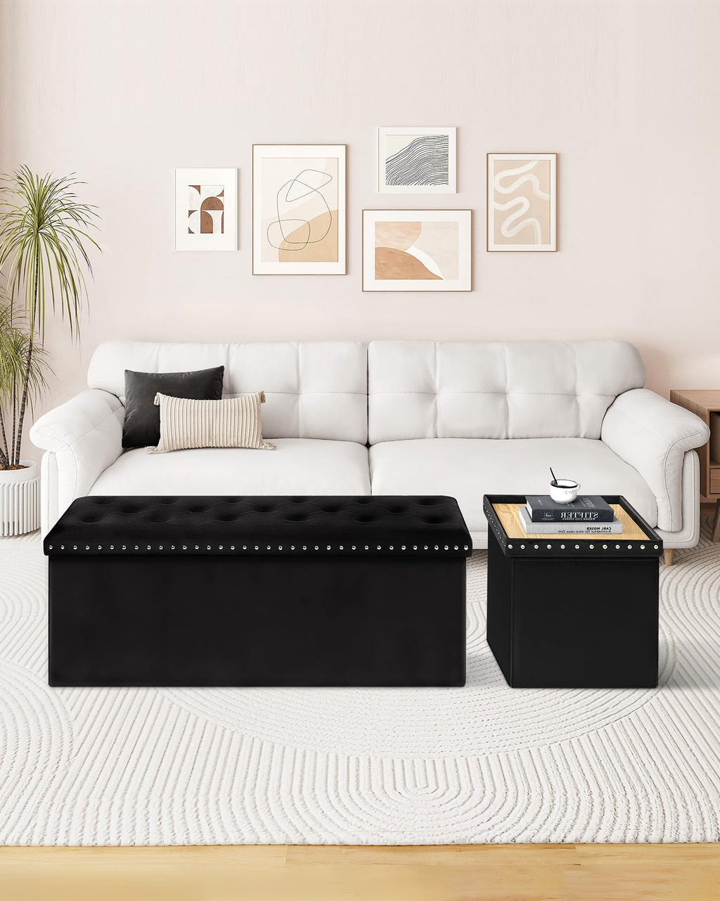 B FSOBEIIALEO Storage-Ottoman Cube-Folding Tufted - Ottomans with Storage, Coffee Table Top Cover, Storage Boxes Footrest Stool for Bedroom, Luxury Velvet Fabric 15.7 Inches Black