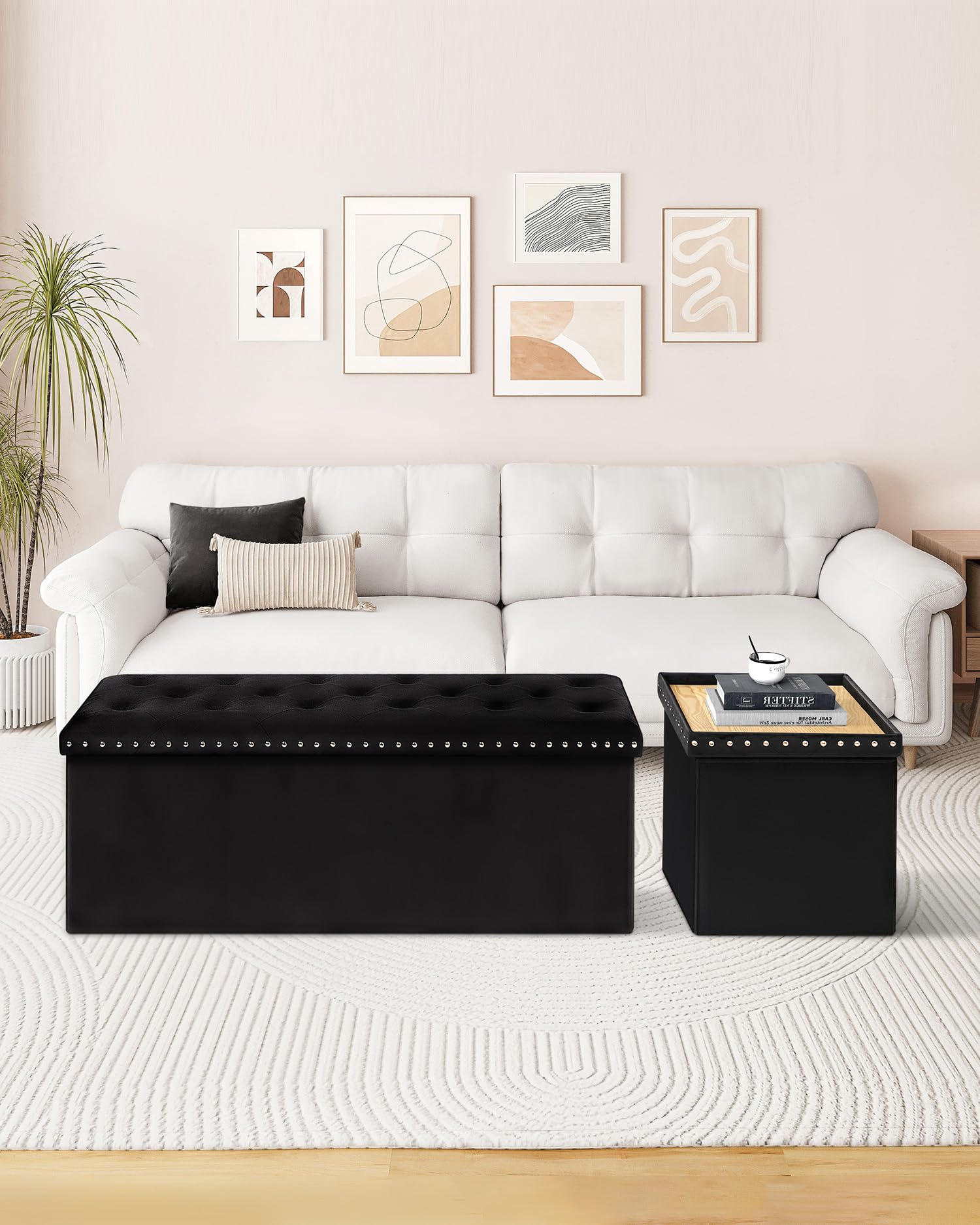 B FSOBEIIALEO Storage-Ottoman Cube-Folding Tufted - Ottomans with Storage, Coffee Table Top Cover, Storage Boxes Footrest Stool for Bedroom, Luxury Velvet Fabric 15.7 Inches Black