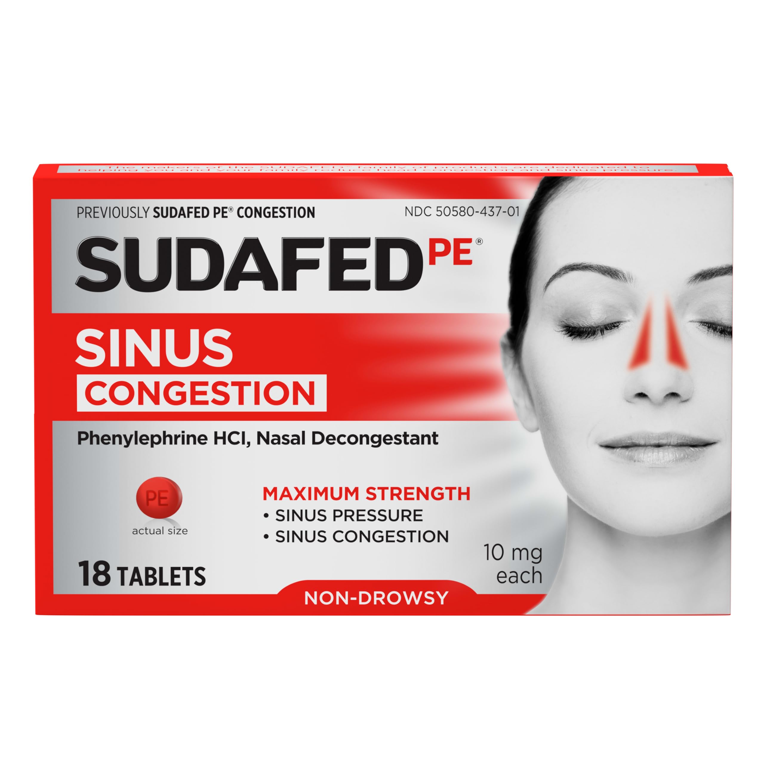 Sudafed, PE Sinus Congestion Relief Tablets, Maximum Strength, Non-Drowsy 10 mg Phenylephrine HCI Decongestant for Sinus Pressure and Nasal Congestion Relief from colds or Allergies, 18 Count