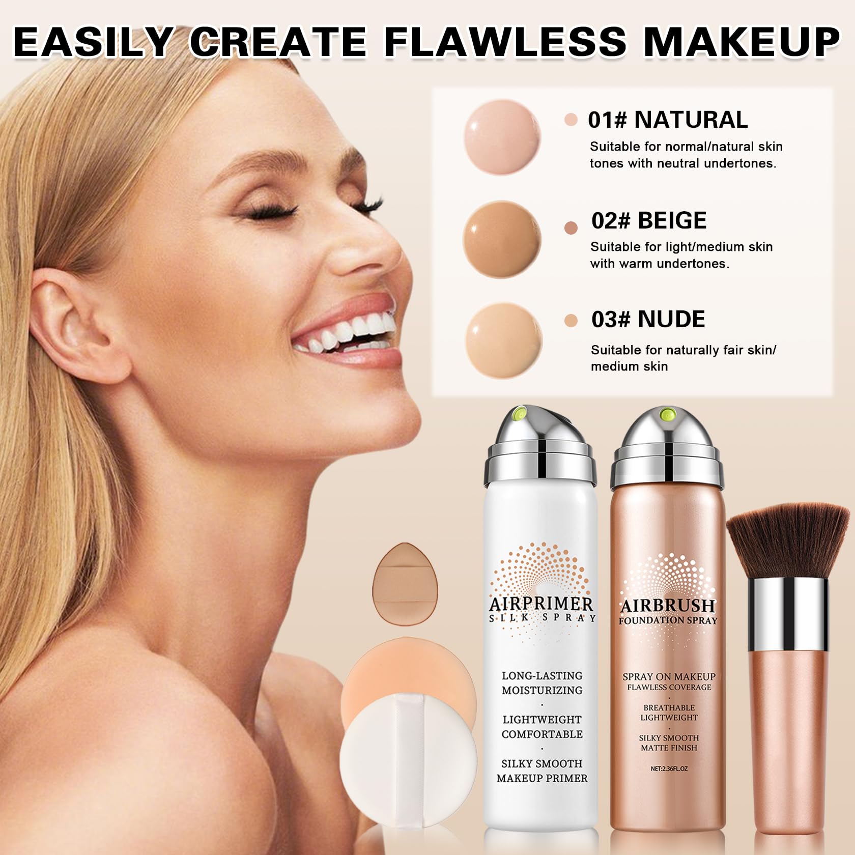 Air Brush Makeup Foundation and Makeup Primer for Face,Hydrates and Moisturizes,Buildable Coverage with Anti-aging Formula for Smooth Radiant Skin (01 Natural/Warm Porcelain)