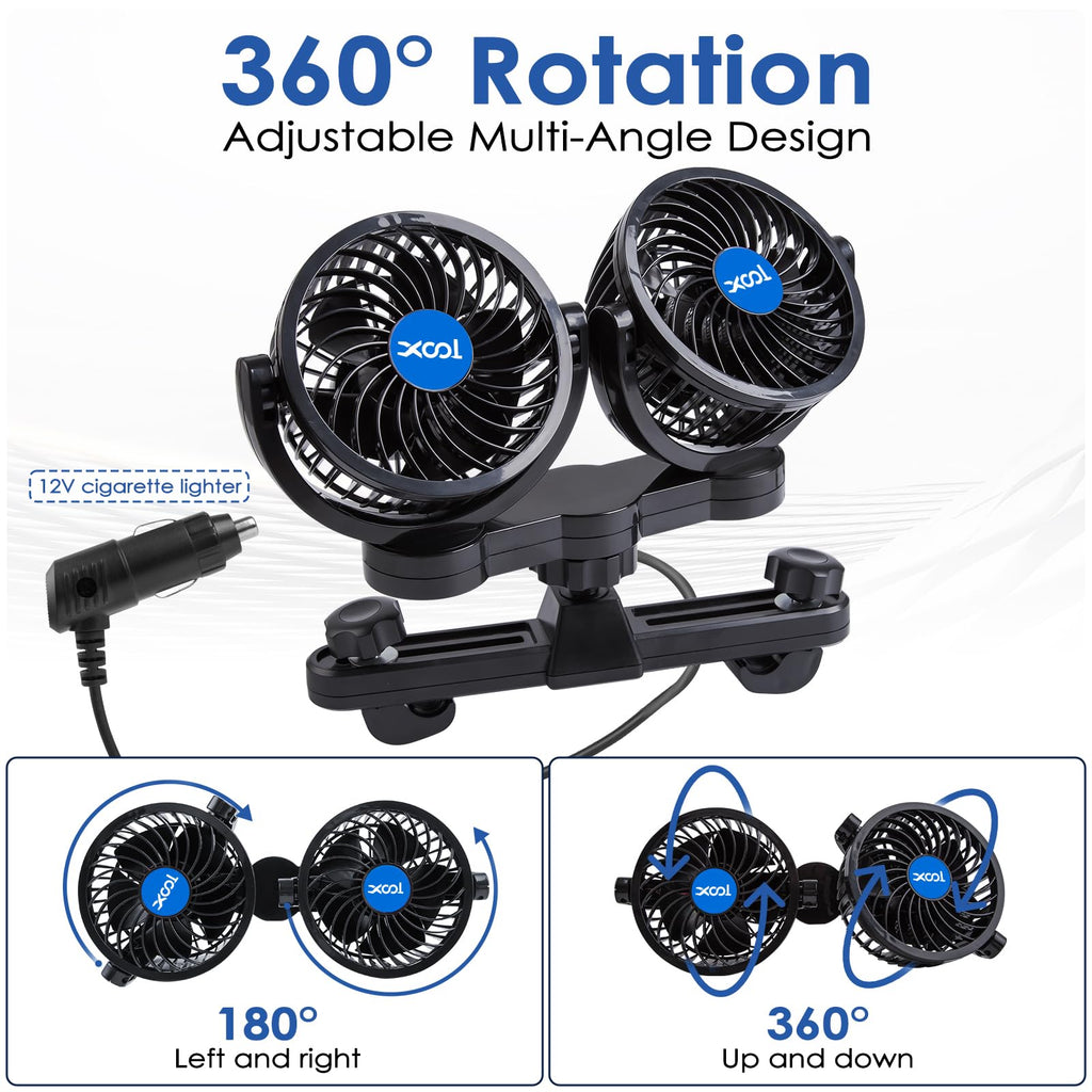 XOOL Clip Car Fan, 9 Inches 12V/24V Fan, 360° Rotatable Electric Cooling Clip on Fan with Stepless Speed Regulation for SUV, RV, Truck