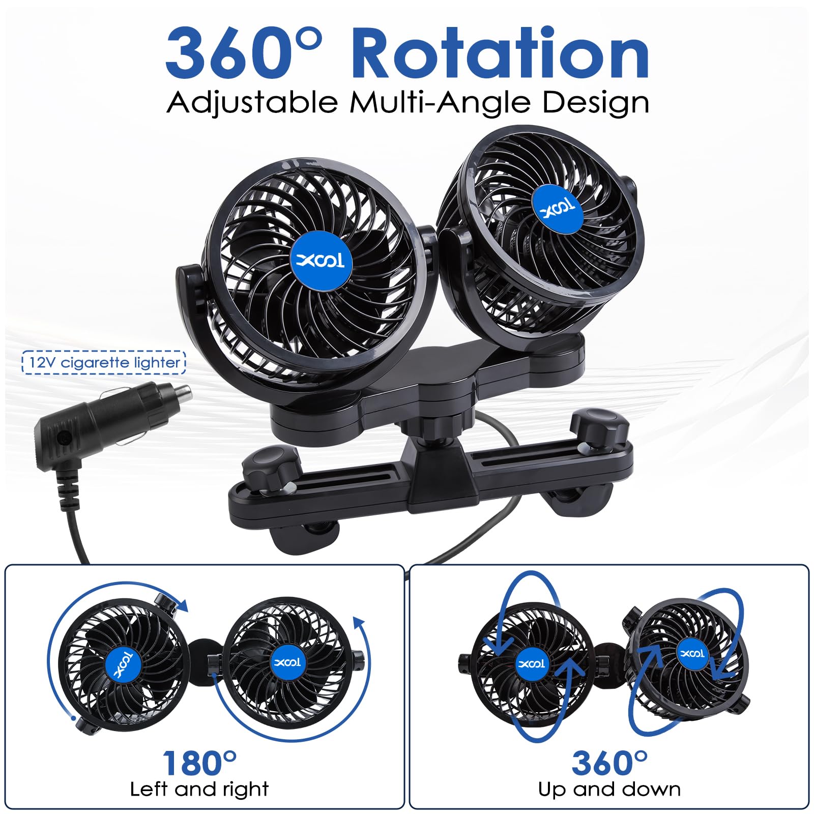 XOOL Clip Car Fan, 9 Inches 12V/24V Fan, 360° Rotatable Electric Cooling Clip on Fan with Stepless Speed Regulation for SUV, RV, Truck