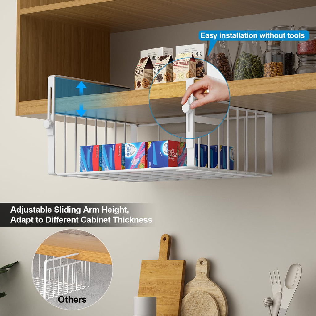 AmonHouseware 2Pack Under Shelf Basket Organizer,Adjustable Hanging Holder Storage for Cabinet Pantry Kitchen Cupboard Desk Counter Bookshelf Organization Add-on Space Saver Heavy Duty Slide-in,Black
